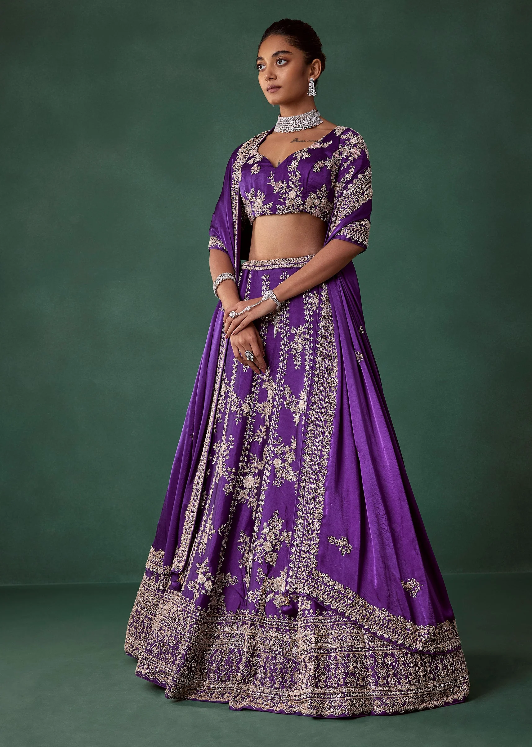 Purple Cutdana Hand Embroidered Bridal Lehenga Set in Satin - Image 4
