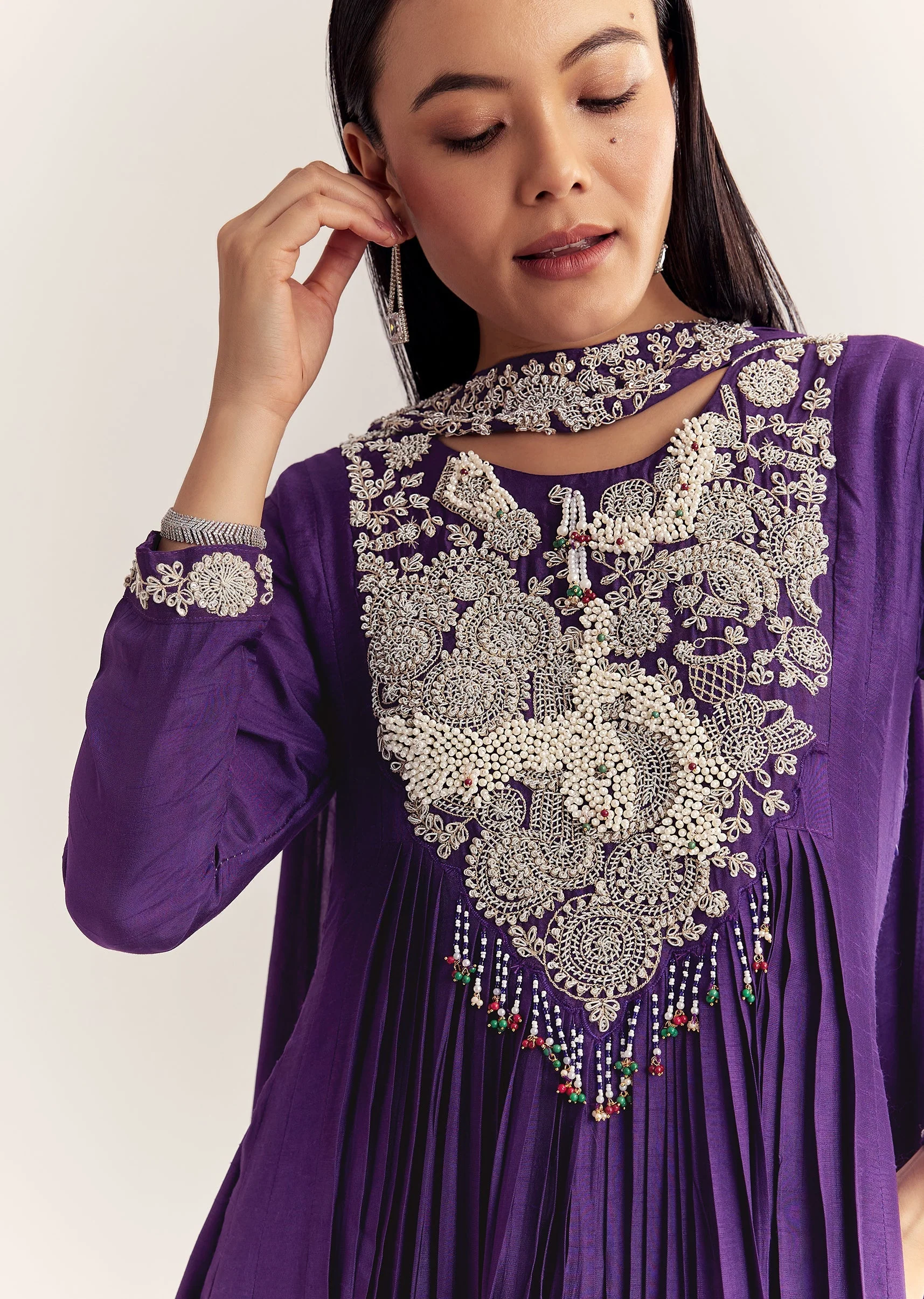 Purple Dola Silk Anarkali With Silver Zardosi And Choker Dupatta - Image 2