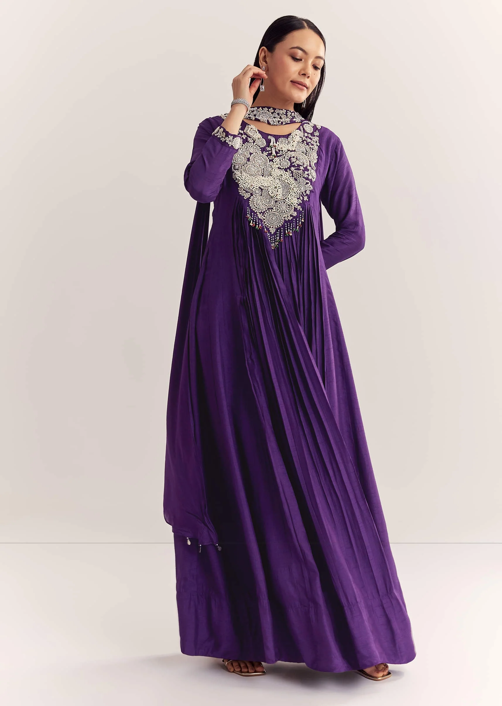 Purple Dola Silk Anarkali With Silver Zardosi And Choker Dupatta - Image 3