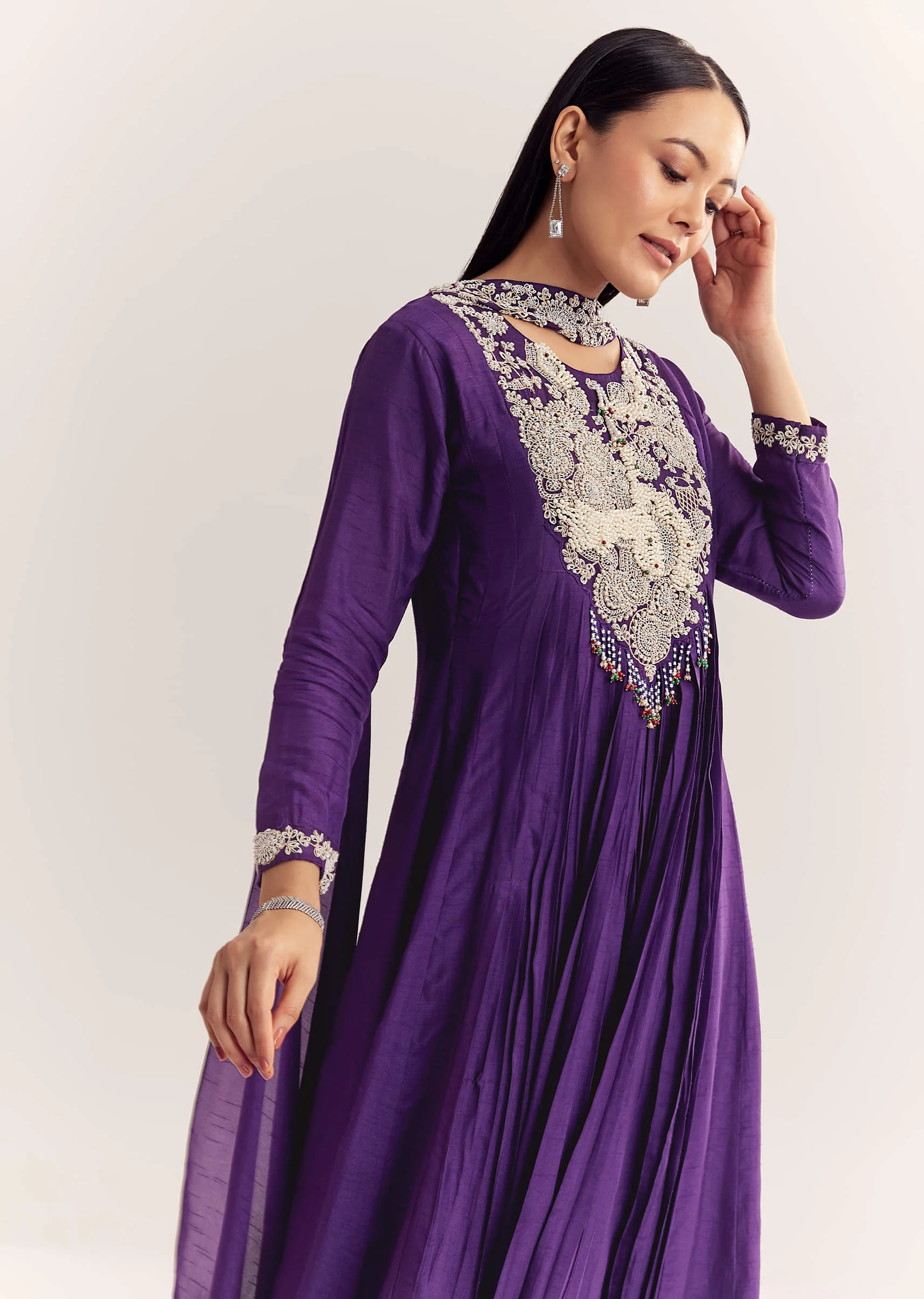 Purple Dola Silk Anarkali With Silver Zardosi And Choker Dupatta - Image 4