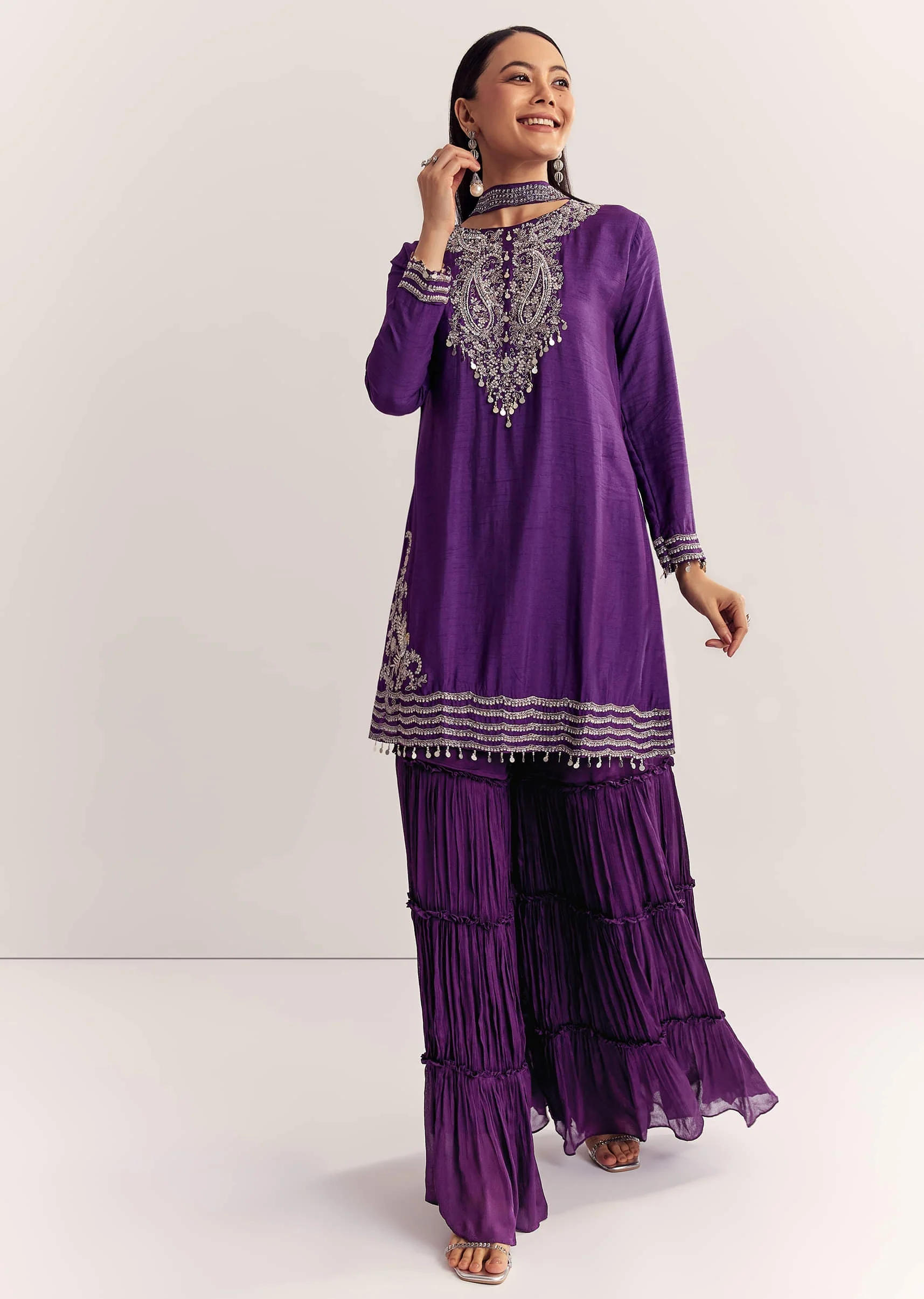 Purple Dola Silk Kurta Set With Zardosi And Choker Dupatta - Image 3