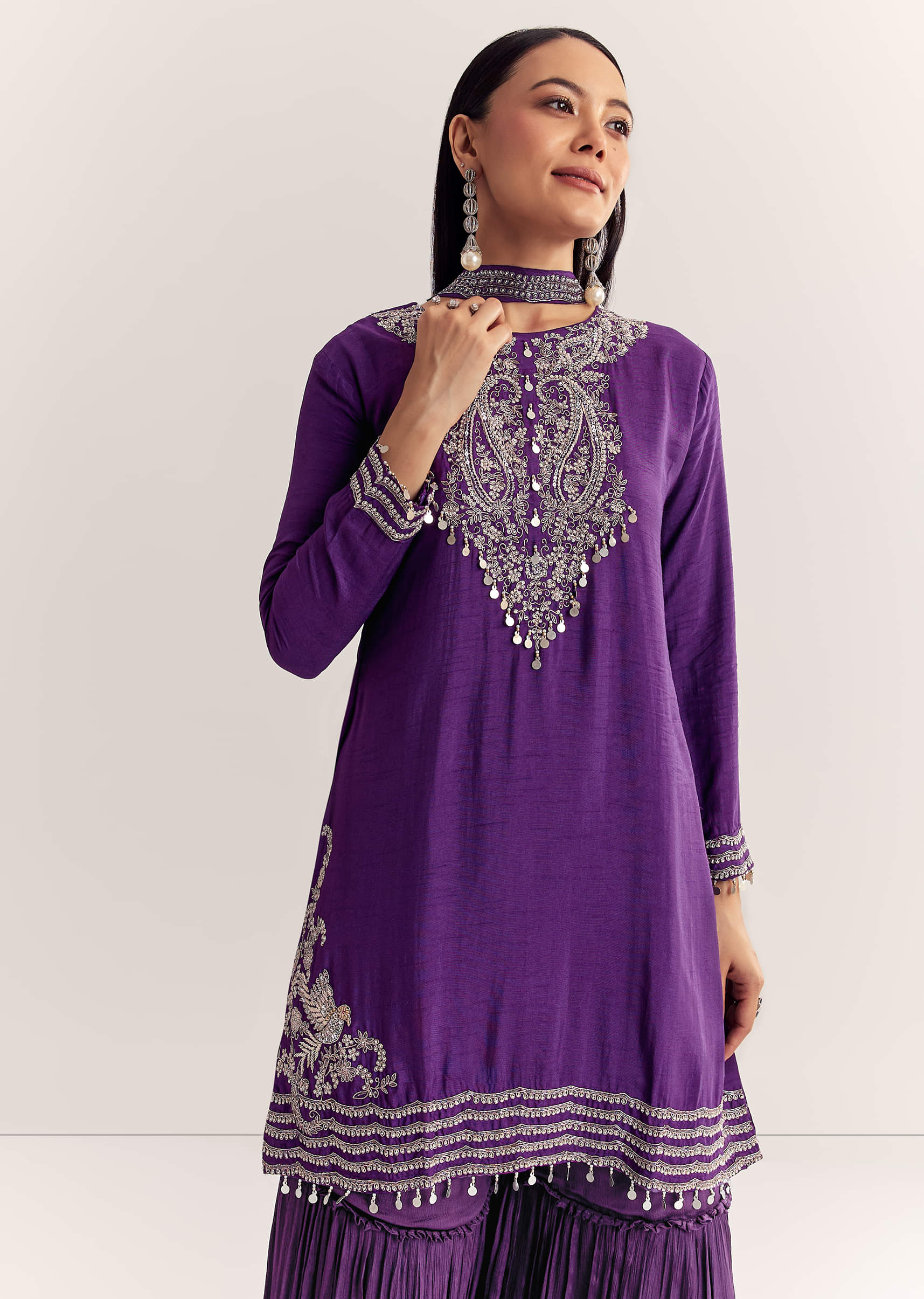 Purple Dola Silk Kurta Set With Zardosi And Choker Dupatta - Image 4