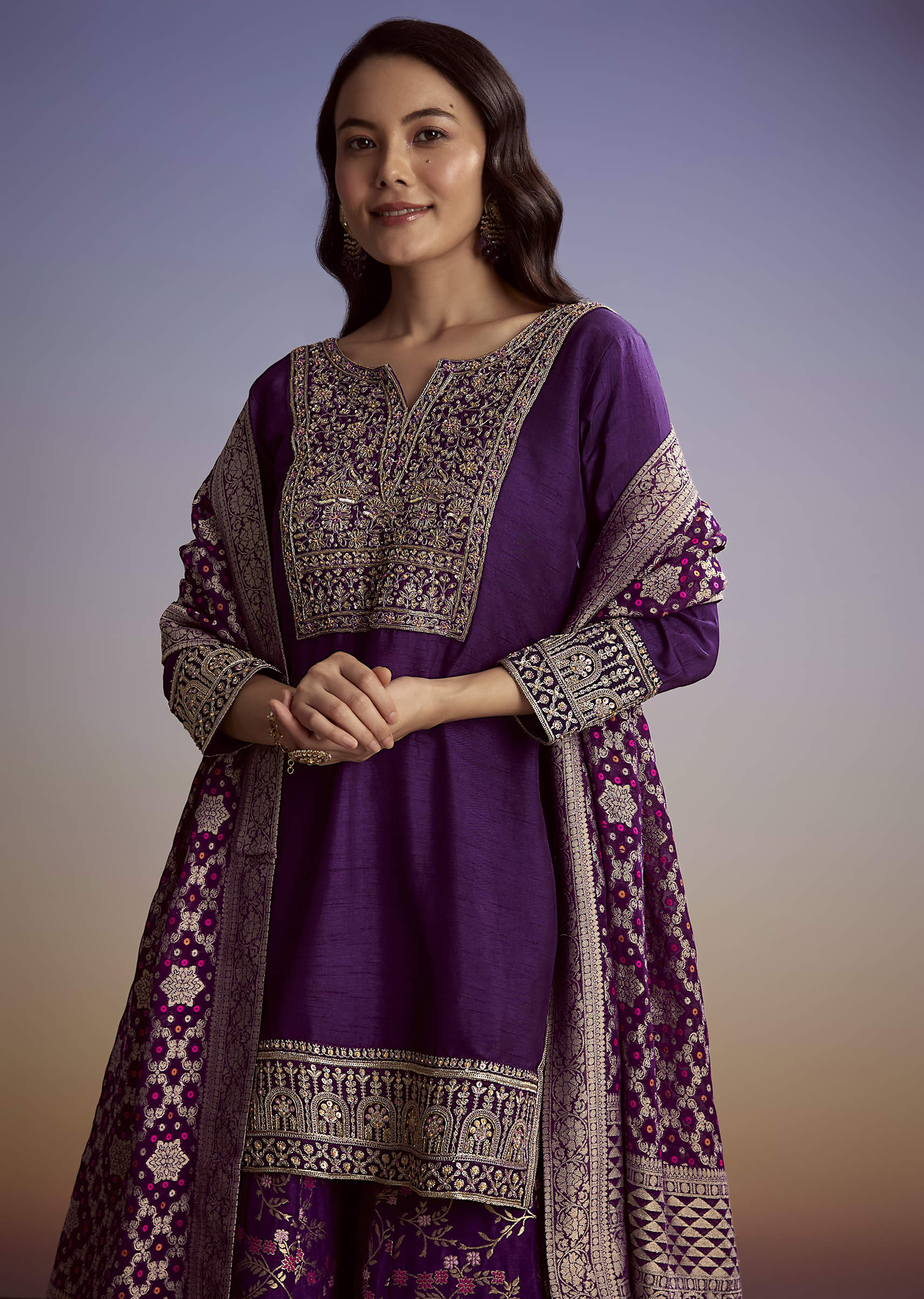 Purple Dola Silk Palazzo Suit With Heavy Embroidery - Image 4