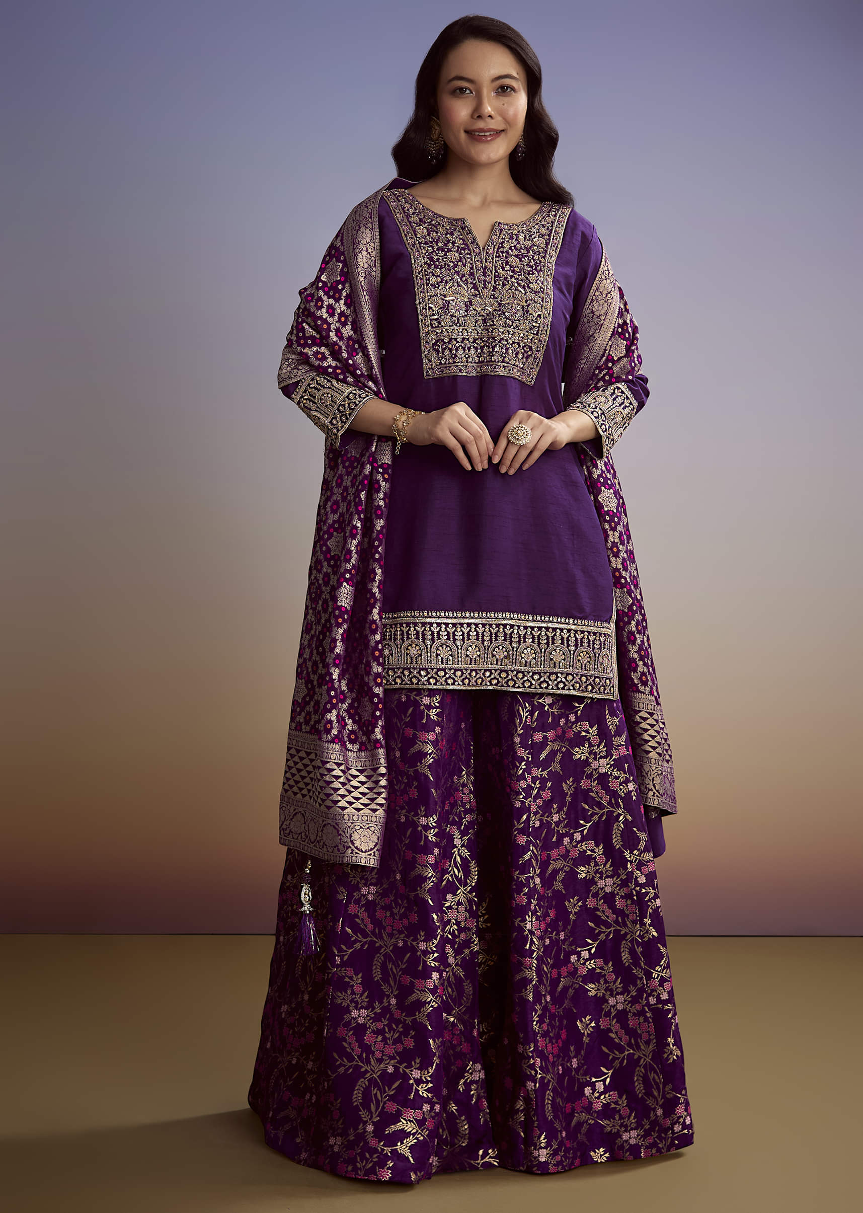 Purple Dola Silk Palazzo Suit With Heavy Embroidery - Image 7