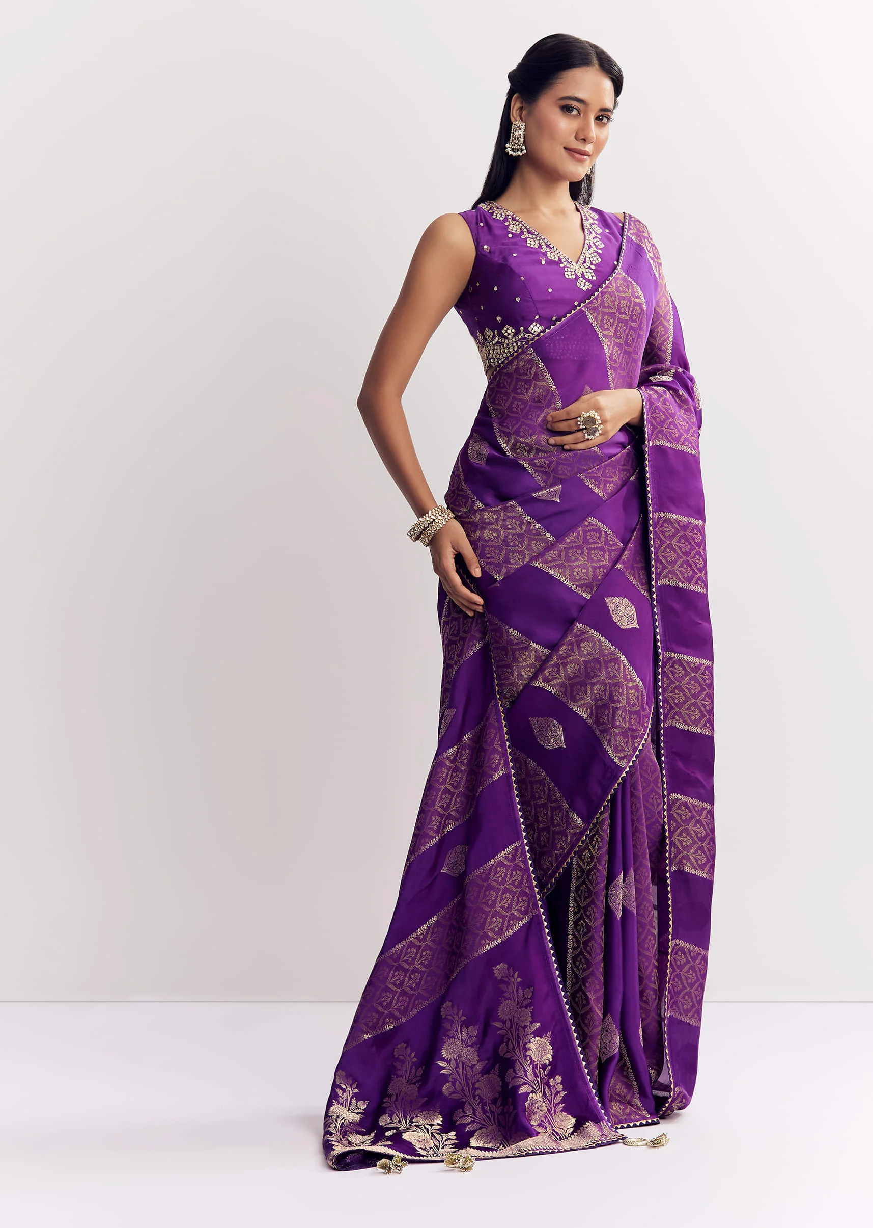 Purple Dola Silk Saree With Gota Patti Motif And Embroidered Blouse