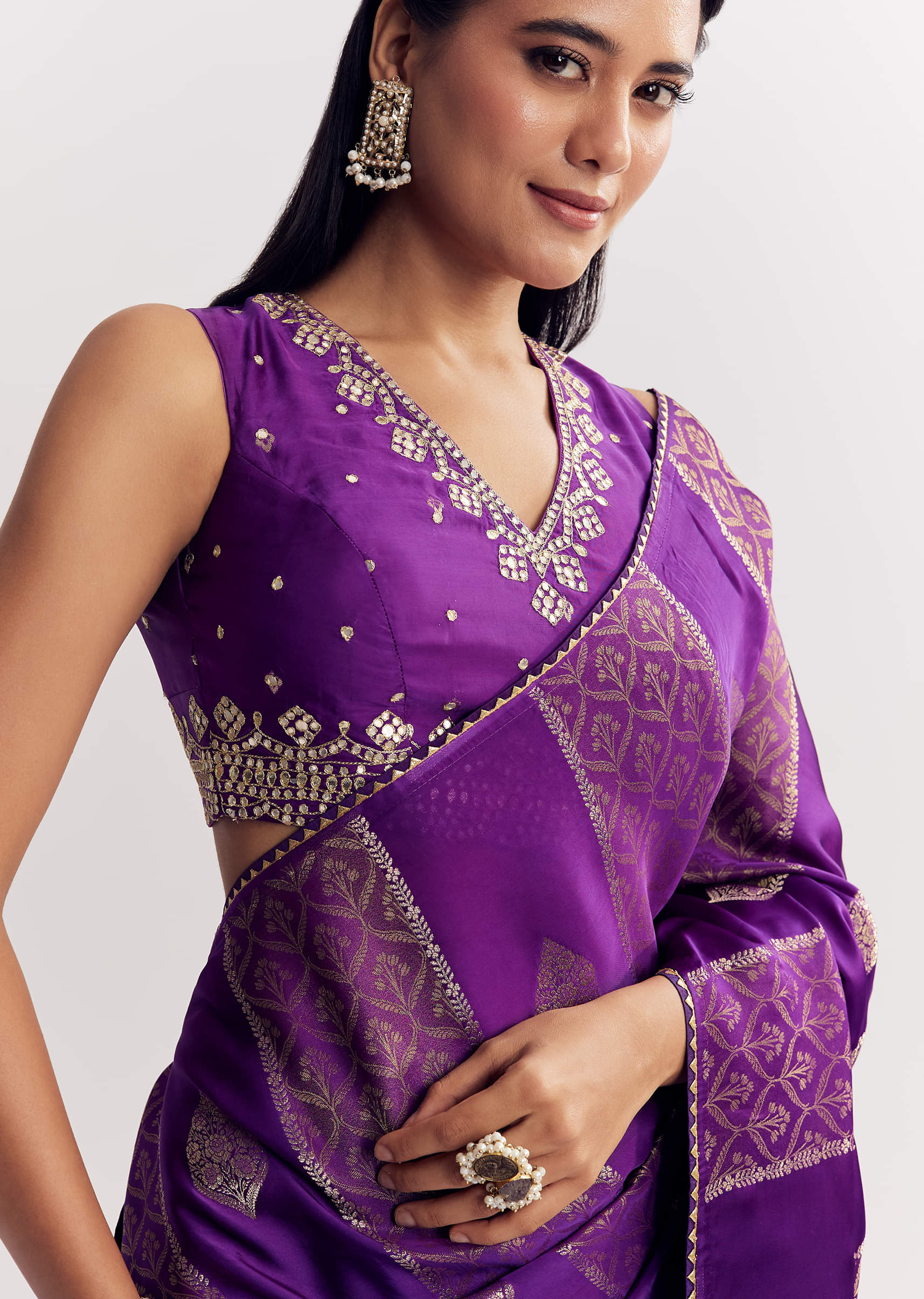 Purple Dola Silk Saree With Gota Patti Motif And Embroidered Blouse - Image 2
