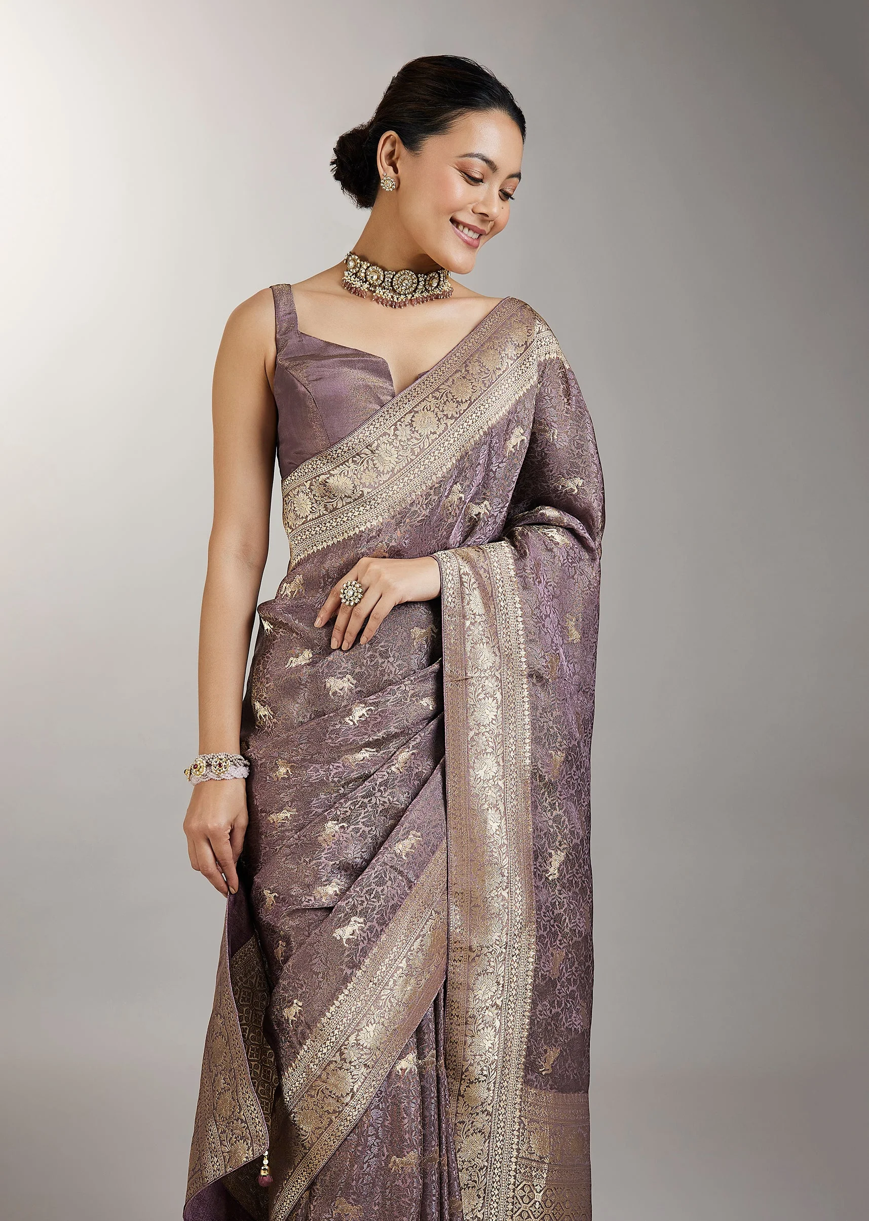 Purple Dola Silk Zari Butti Woven Saree - Image 5