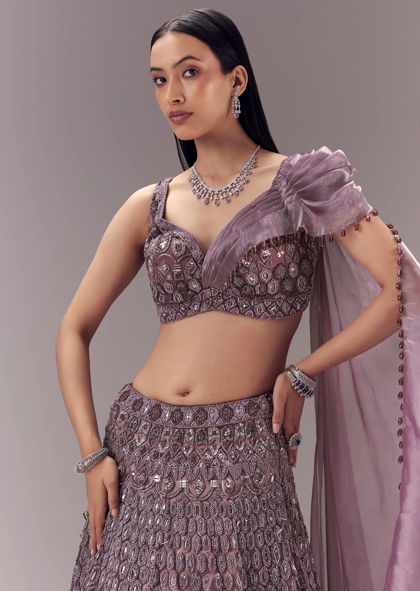 Purple Draped Blouse with Embellished Lehenga - Image 3