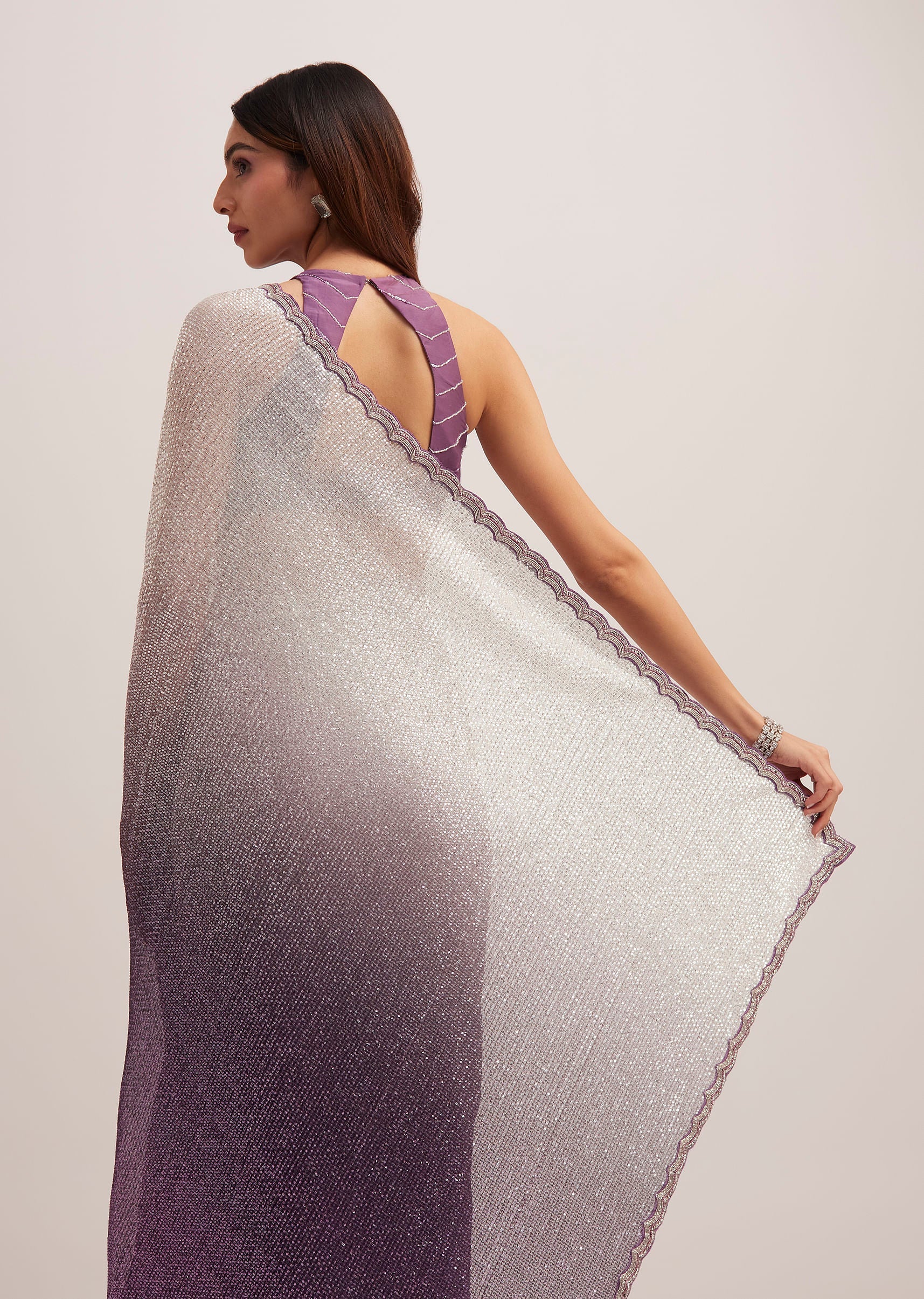 Purple Dual Shaded Half And Half Sequins Saree - Image 6