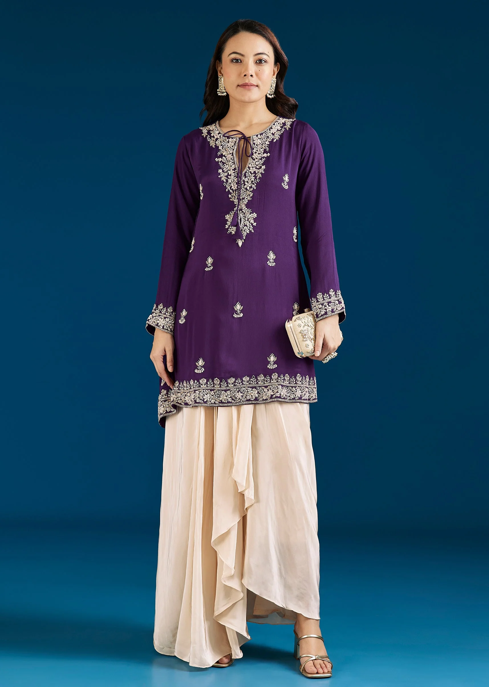 Purple Embellished Drape Skirt Indo Western Set