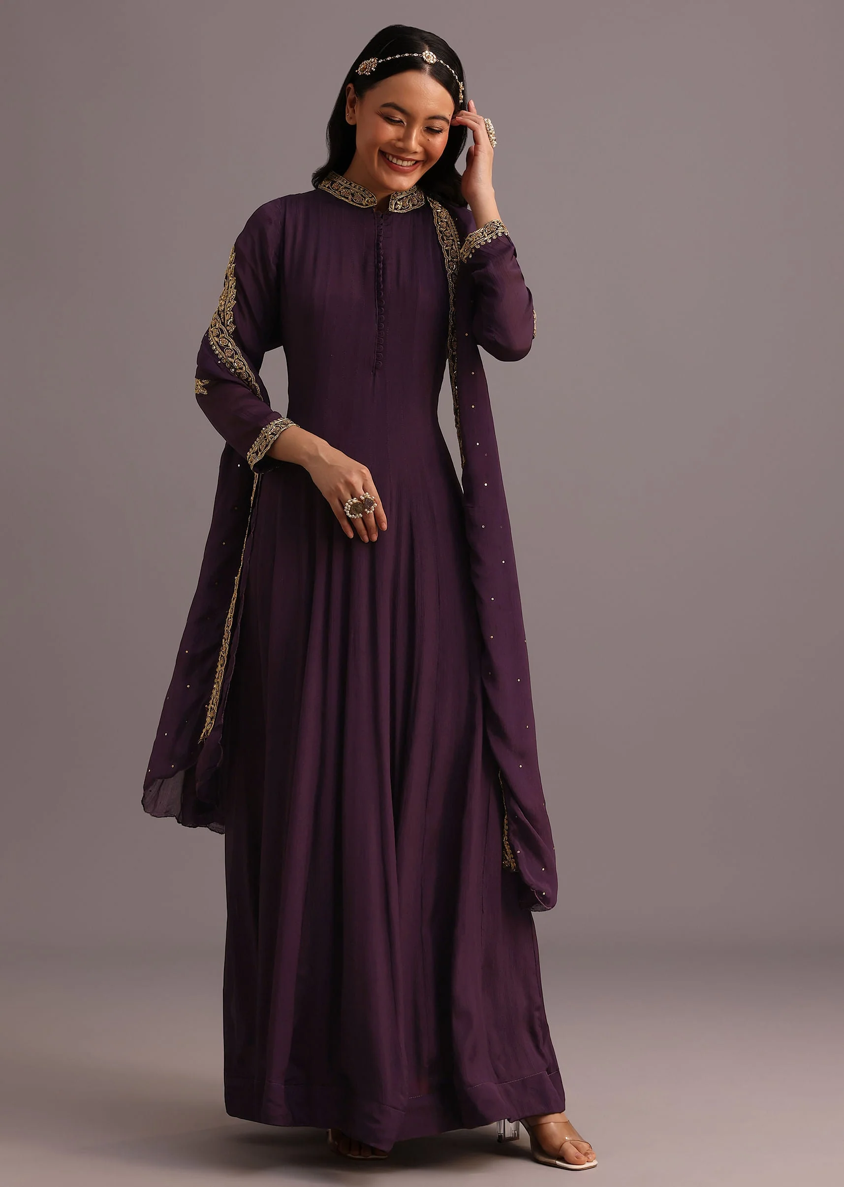 Purple Embroidered Anarkali Suit With Dupatta - Image 3