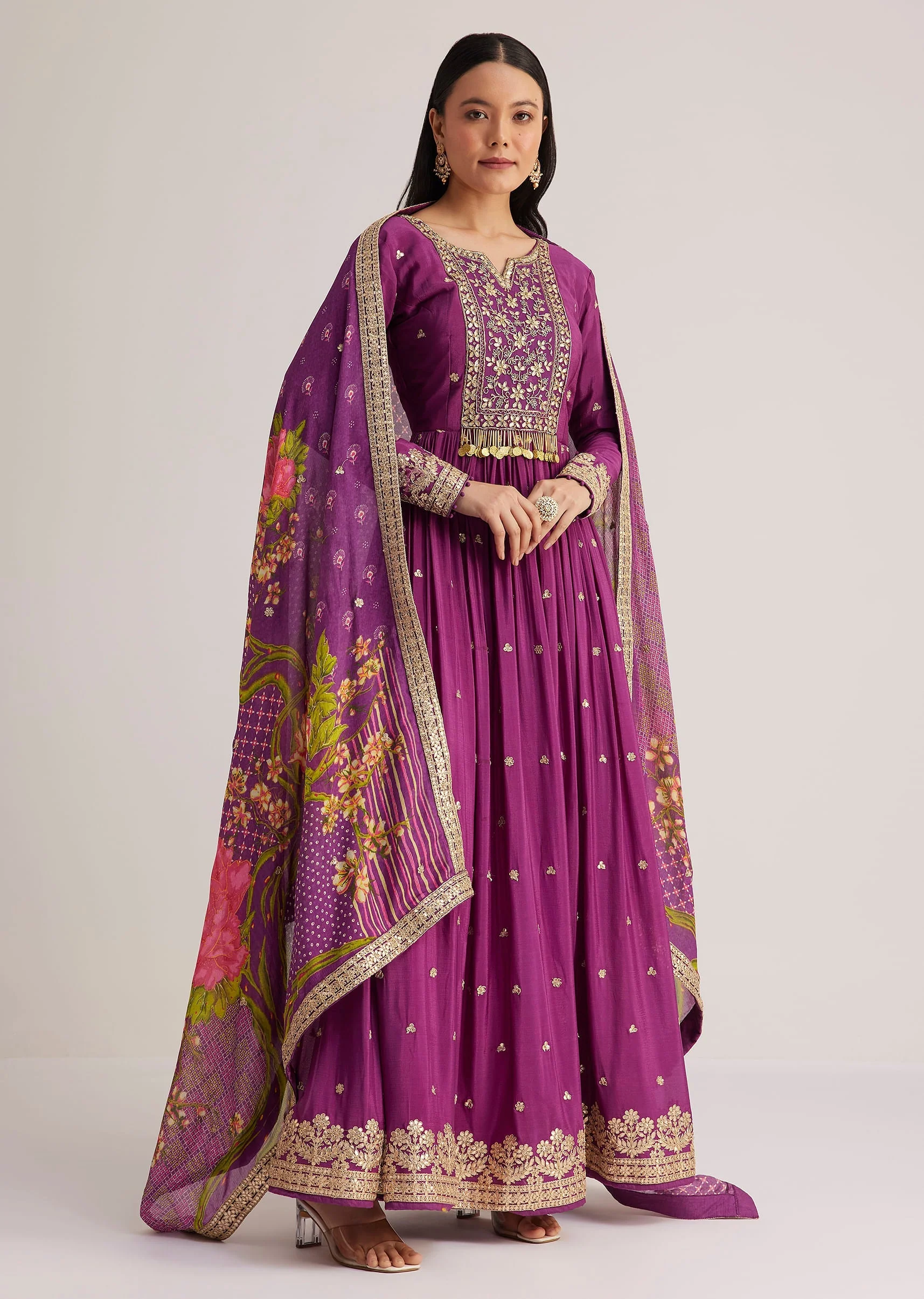 Purple Embroidered Anarkali Suit With Floral Dupatta - Image 3