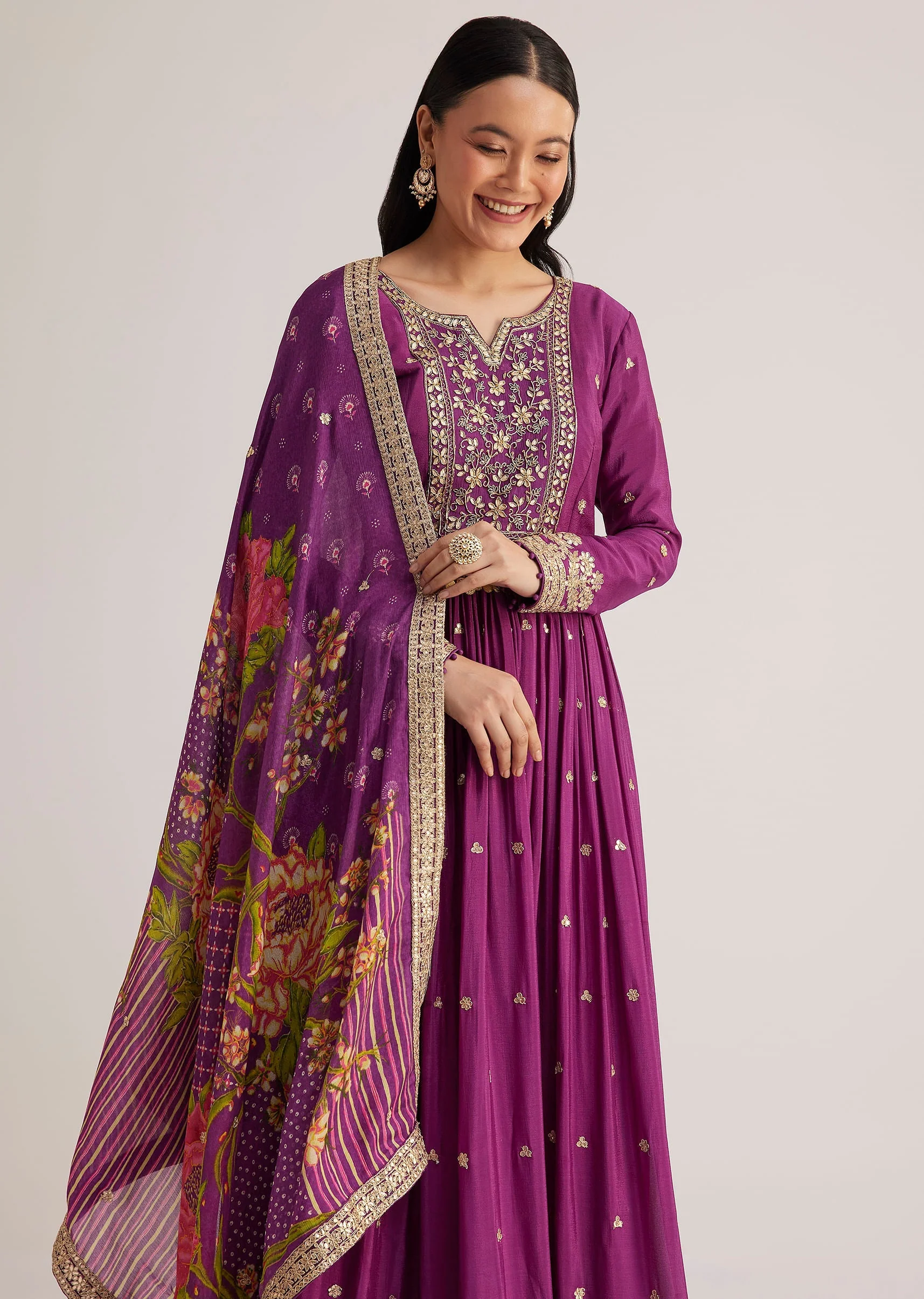 Purple Embroidered Anarkali Suit With Floral Dupatta - Image 4