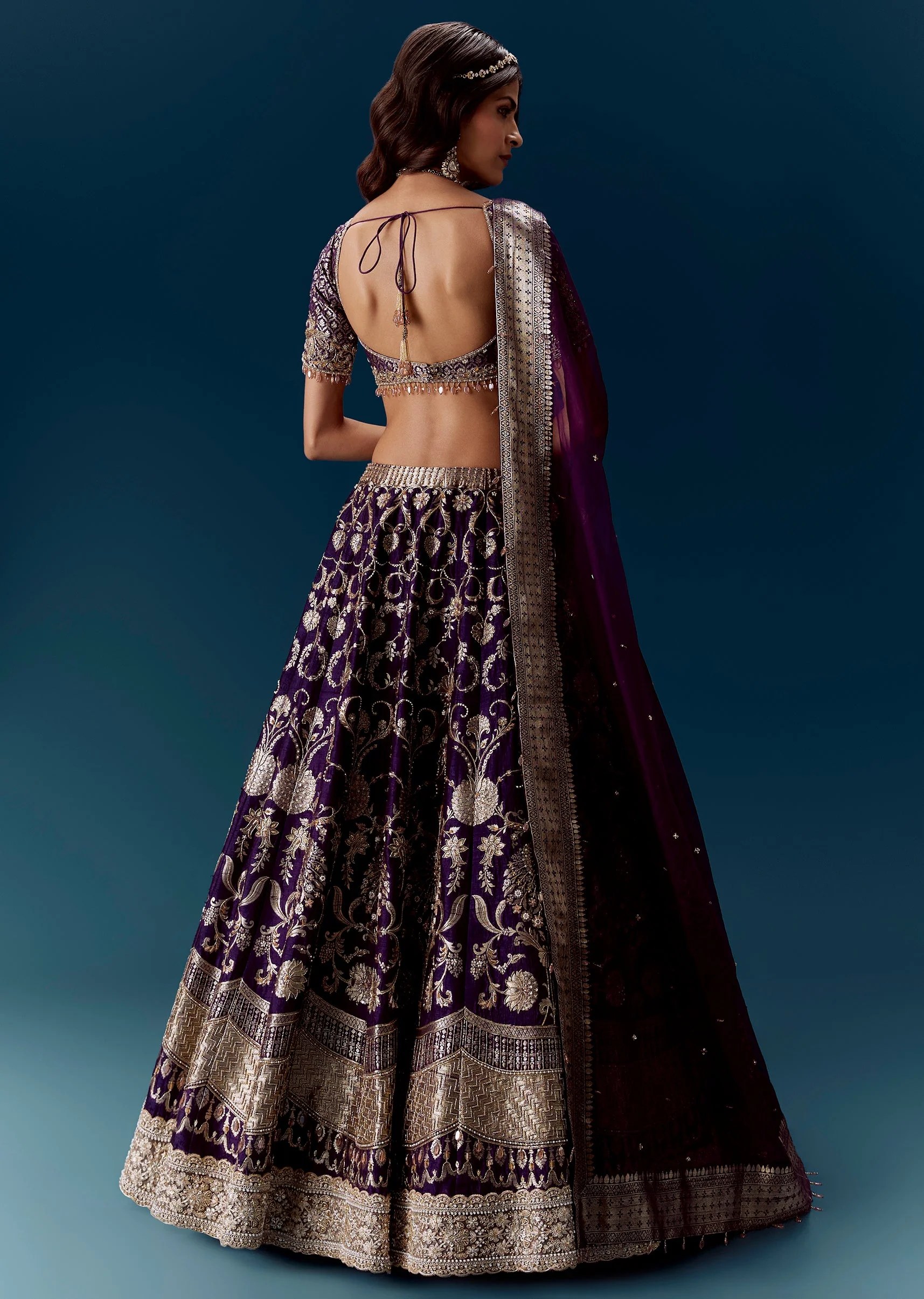 Purple Embroidered Bridal Lehenga With Dupattas - Image 2