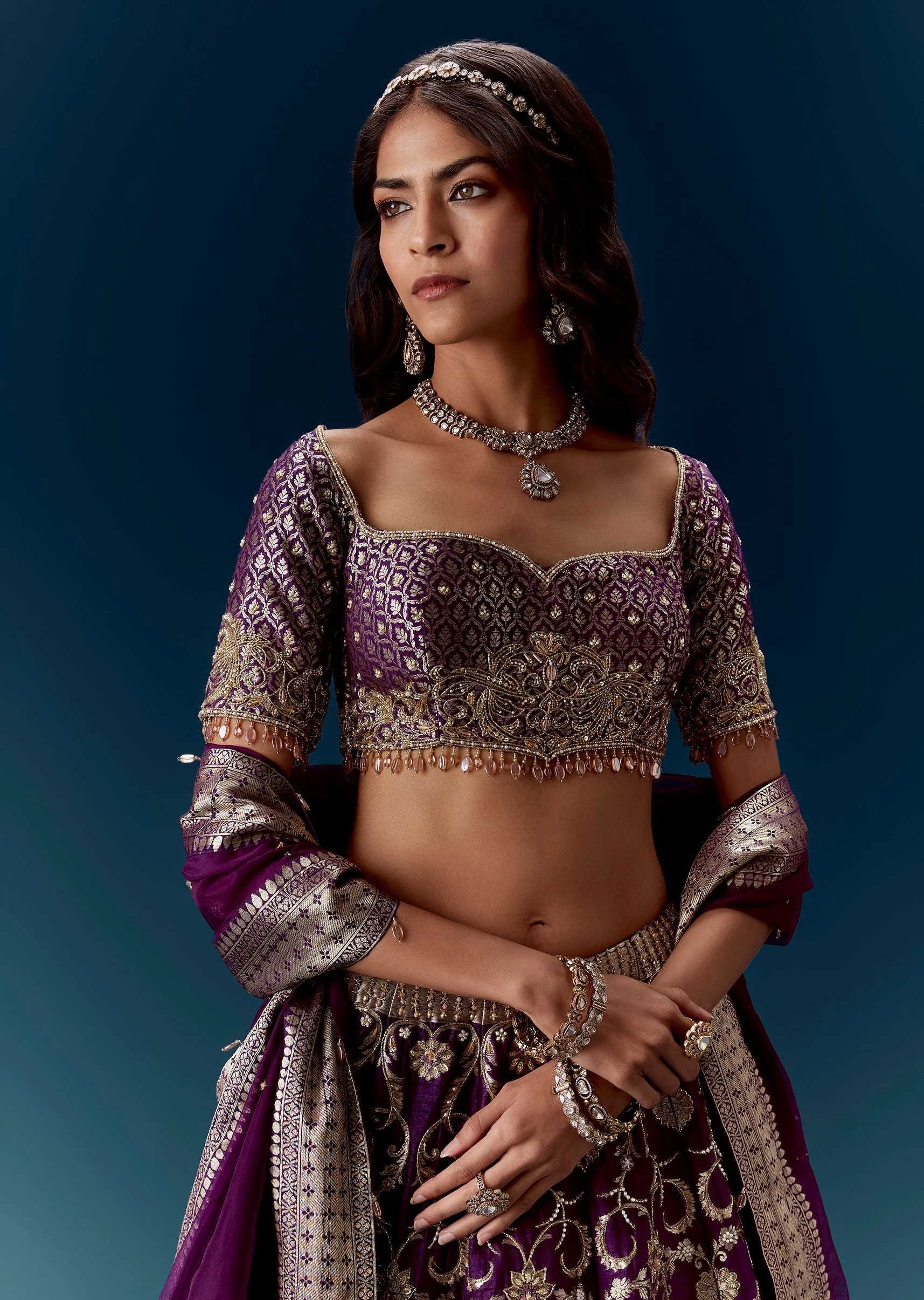 Purple Embroidered Bridal Lehenga With Dupattas - Image 3