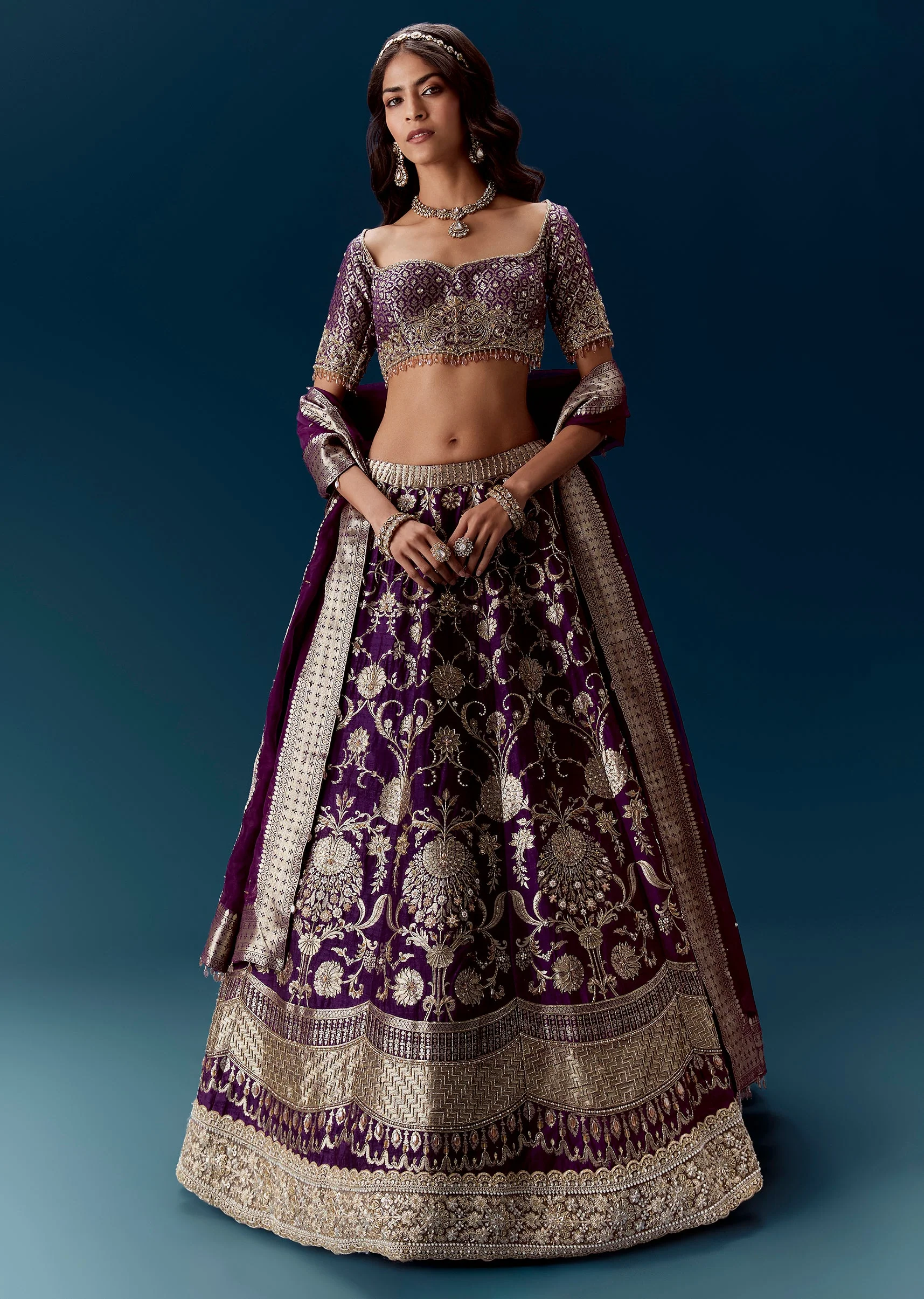 Purple Embroidered Bridal Lehenga With Dupattas - Image 4