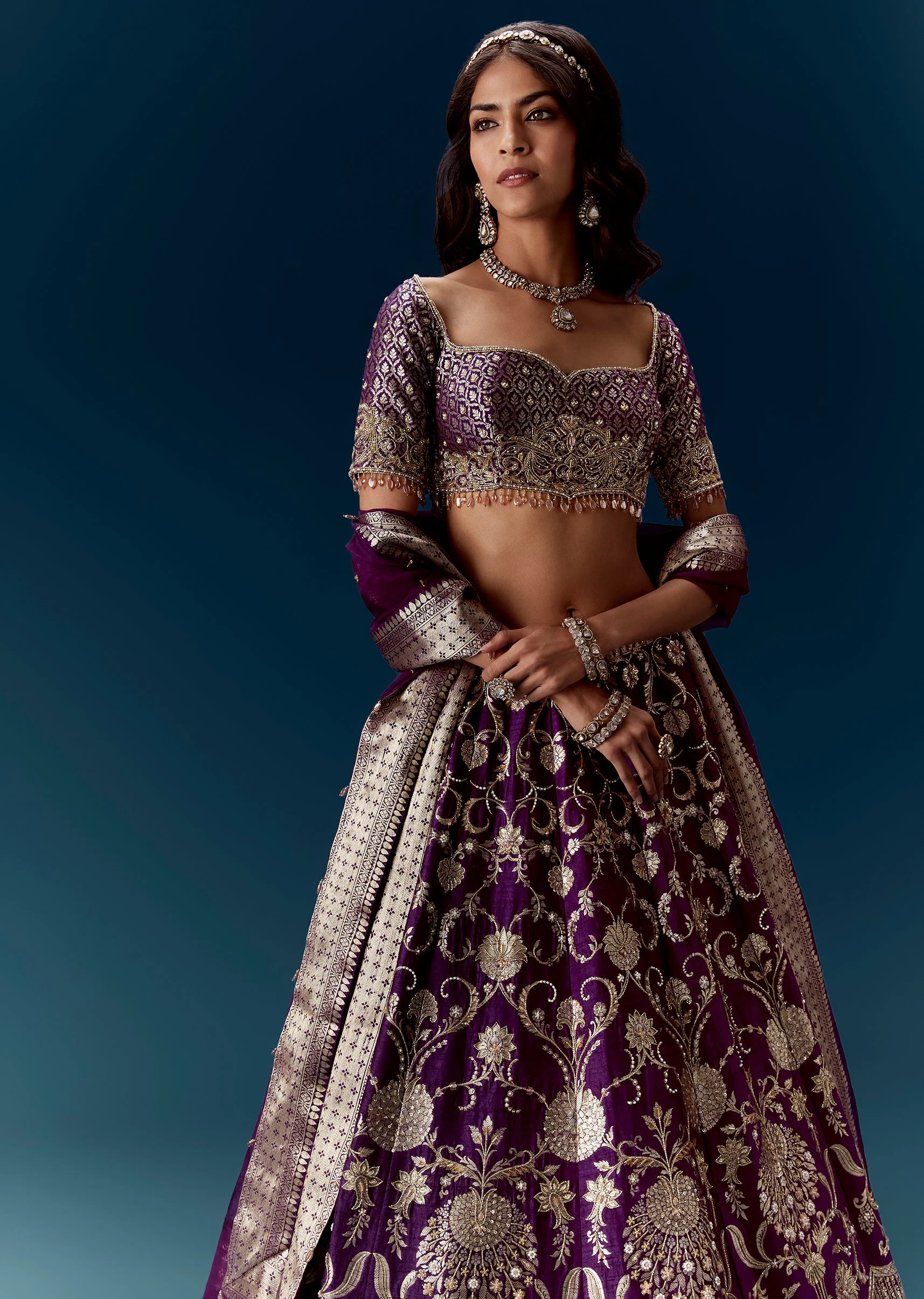 Purple Embroidered Bridal Lehenga With Dupattas - Image 5