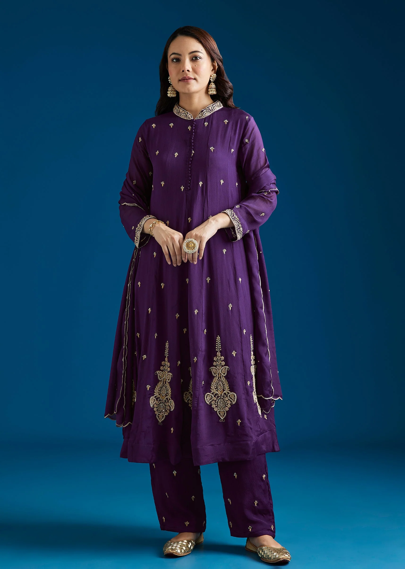 Purple Embroidered Chinon Anarkali Set With Pant And Dupatta