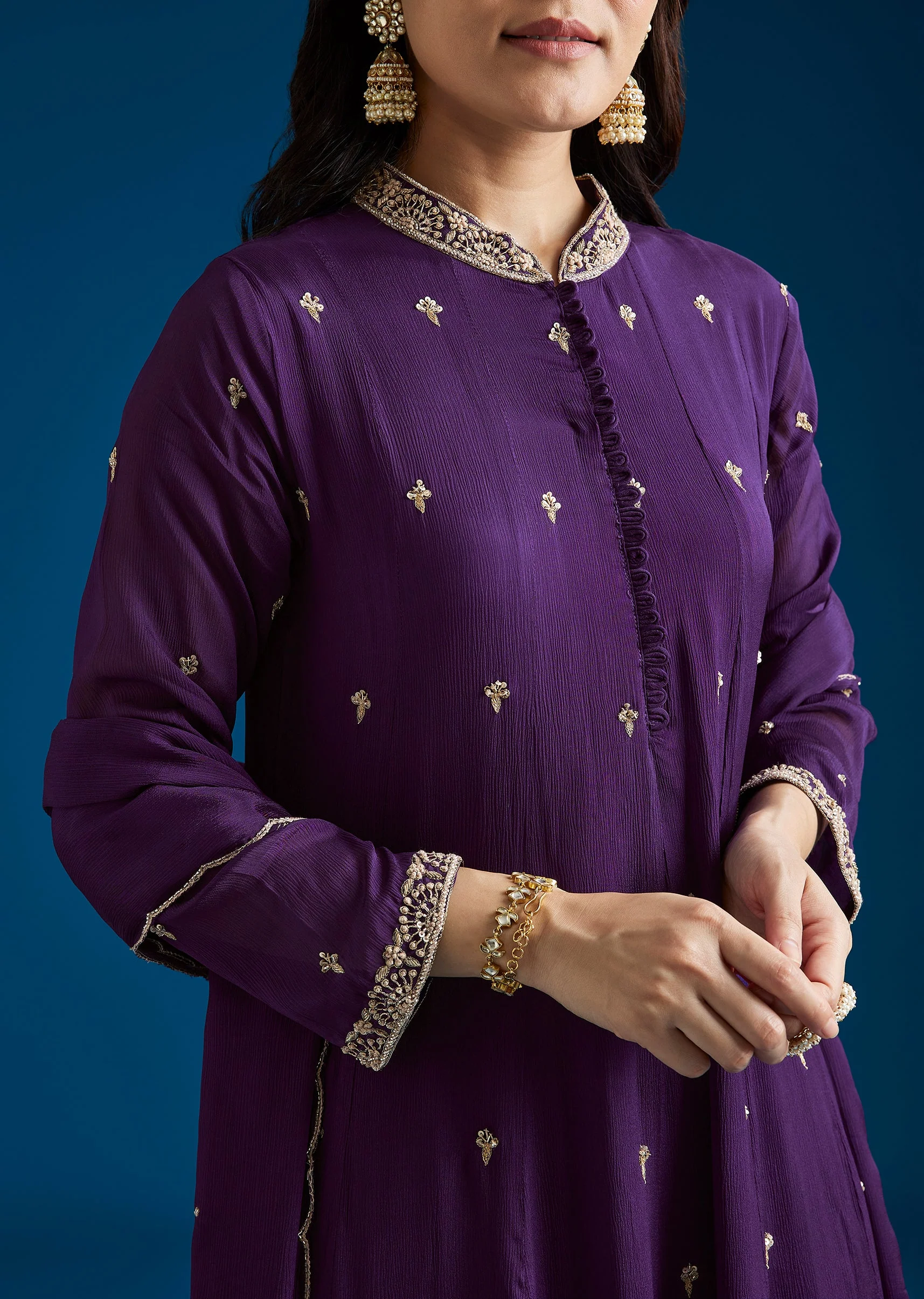 Purple Embroidered Chinon Anarkali Set With Pant And Dupatta - Image 2