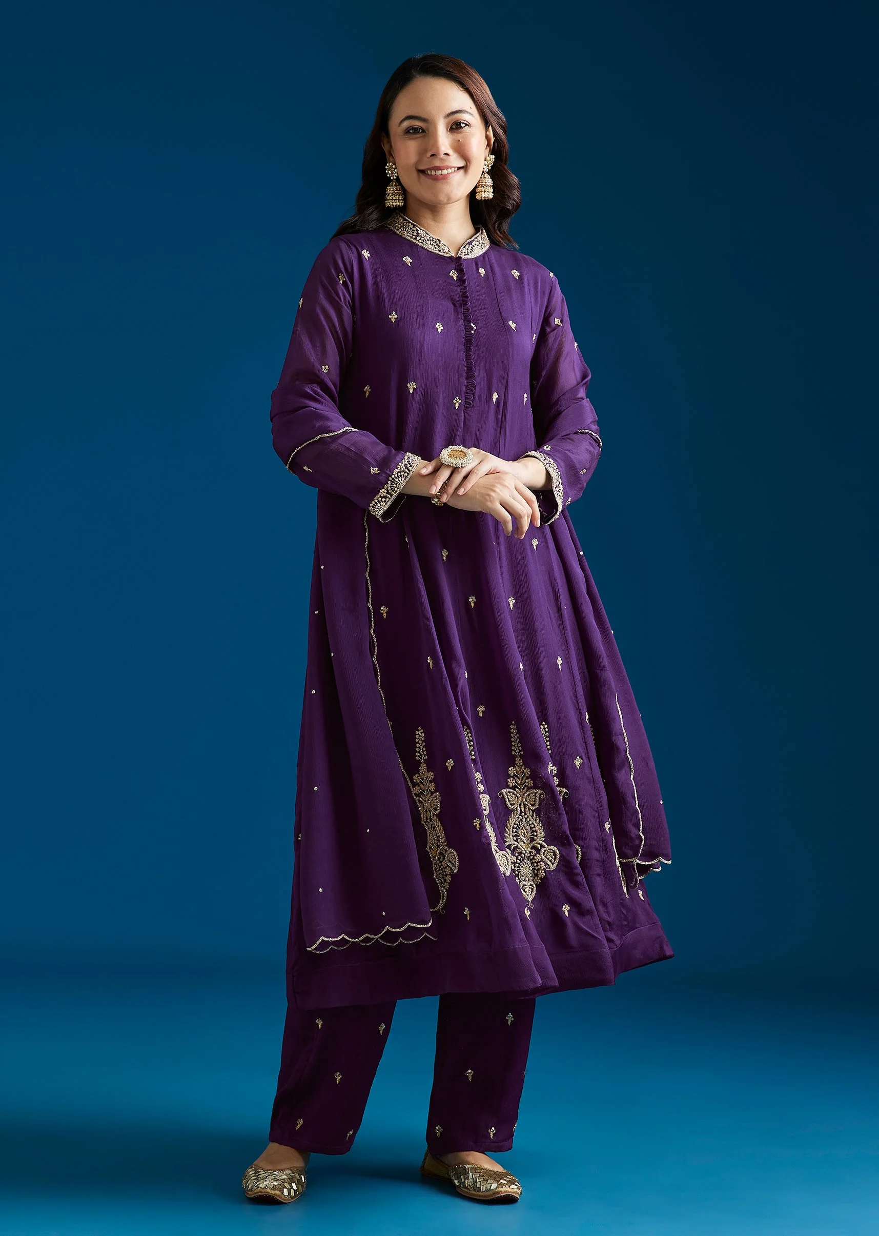 Purple Embroidered Chinon Anarkali Set With Pant And Dupatta - Image 3