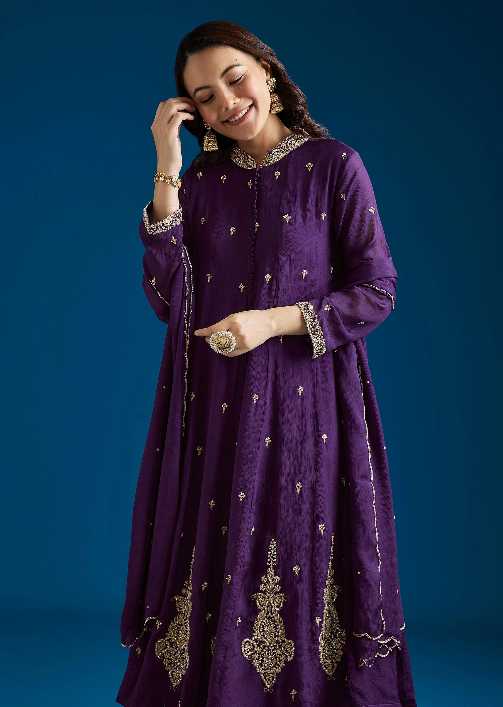 Purple Embroidered Chinon Anarkali Set With Pant And Dupatta - Image 4