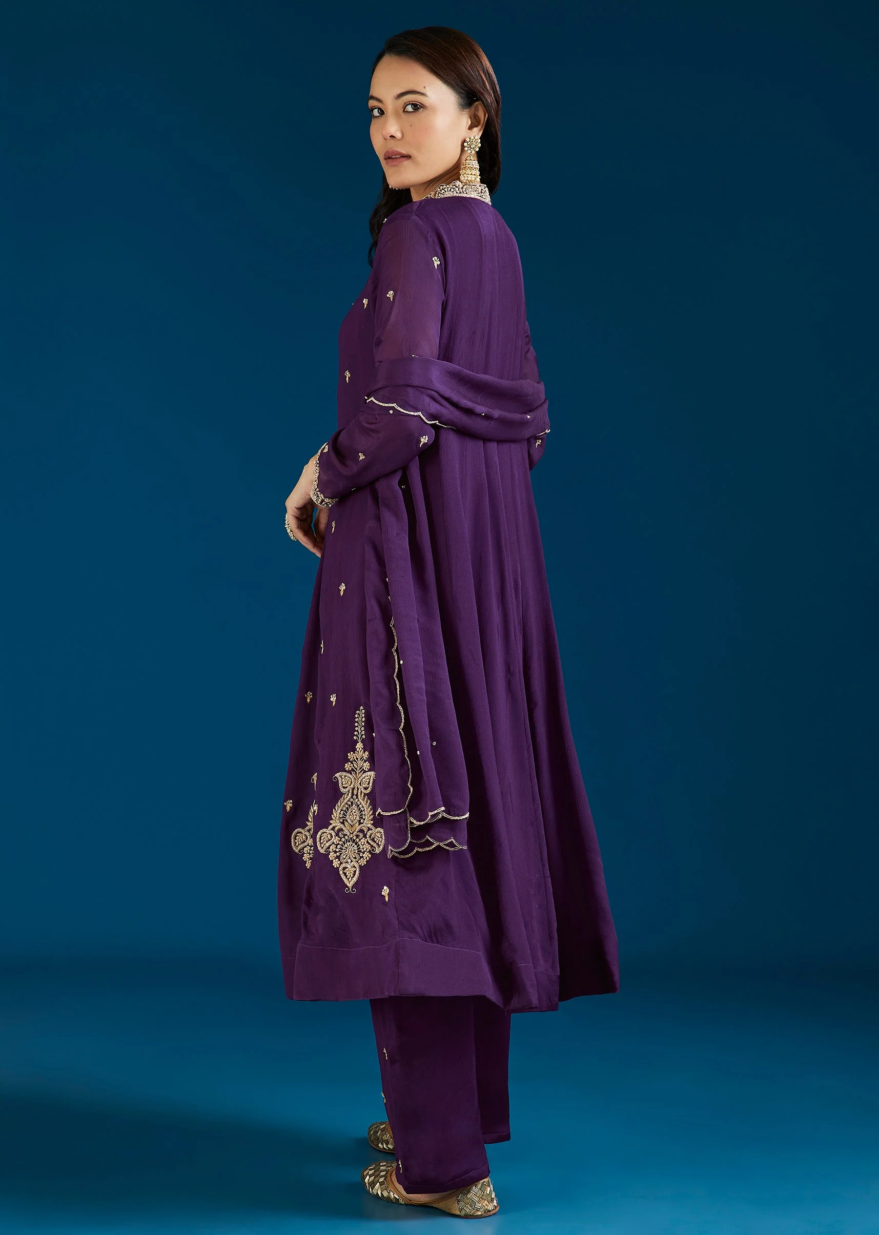 Purple Embroidered Chinon Anarkali Set With Pant And Dupatta - Image 5