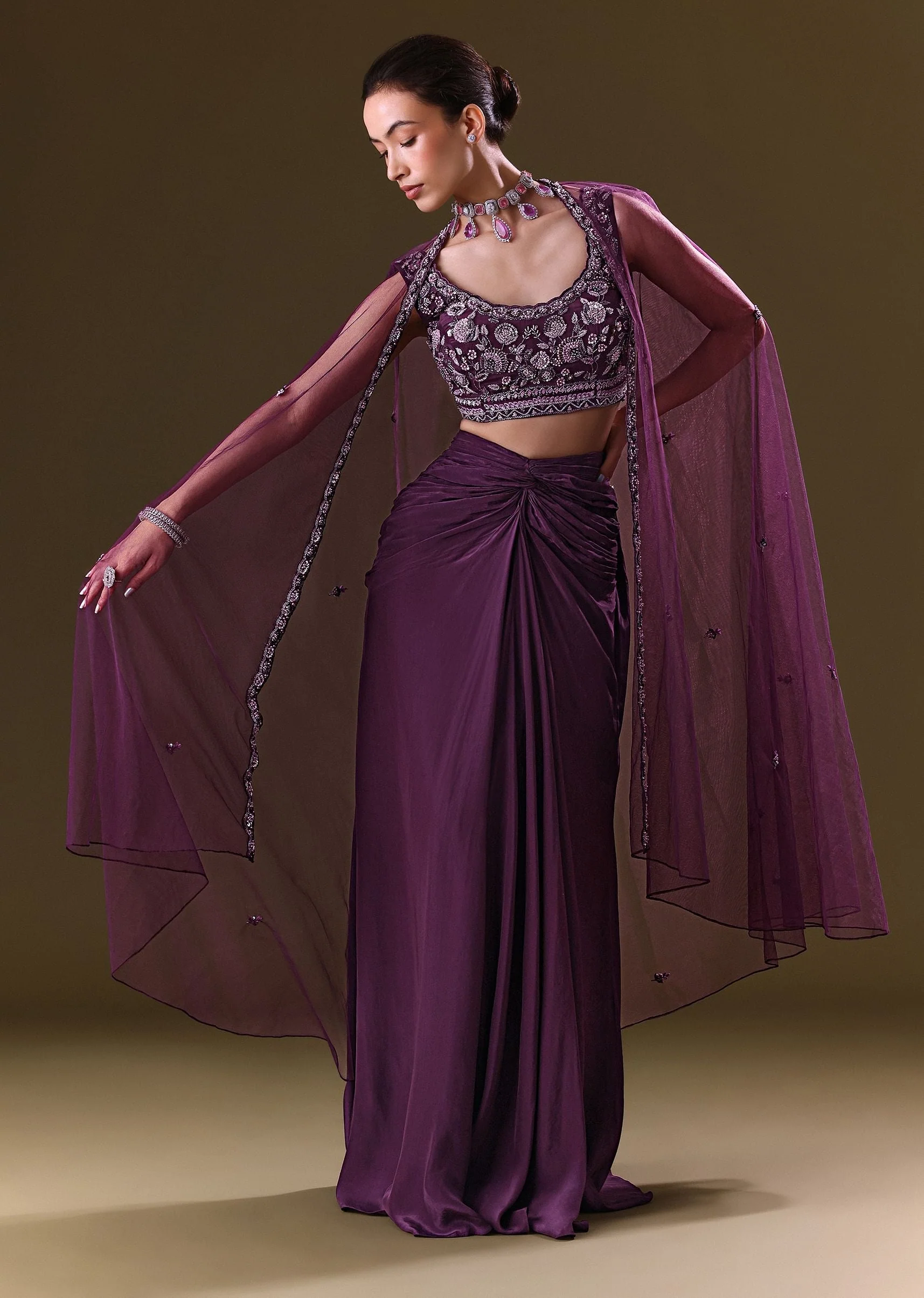 Purple Embroidered Drape Skirt With Embroidered Net Cape - Image 3