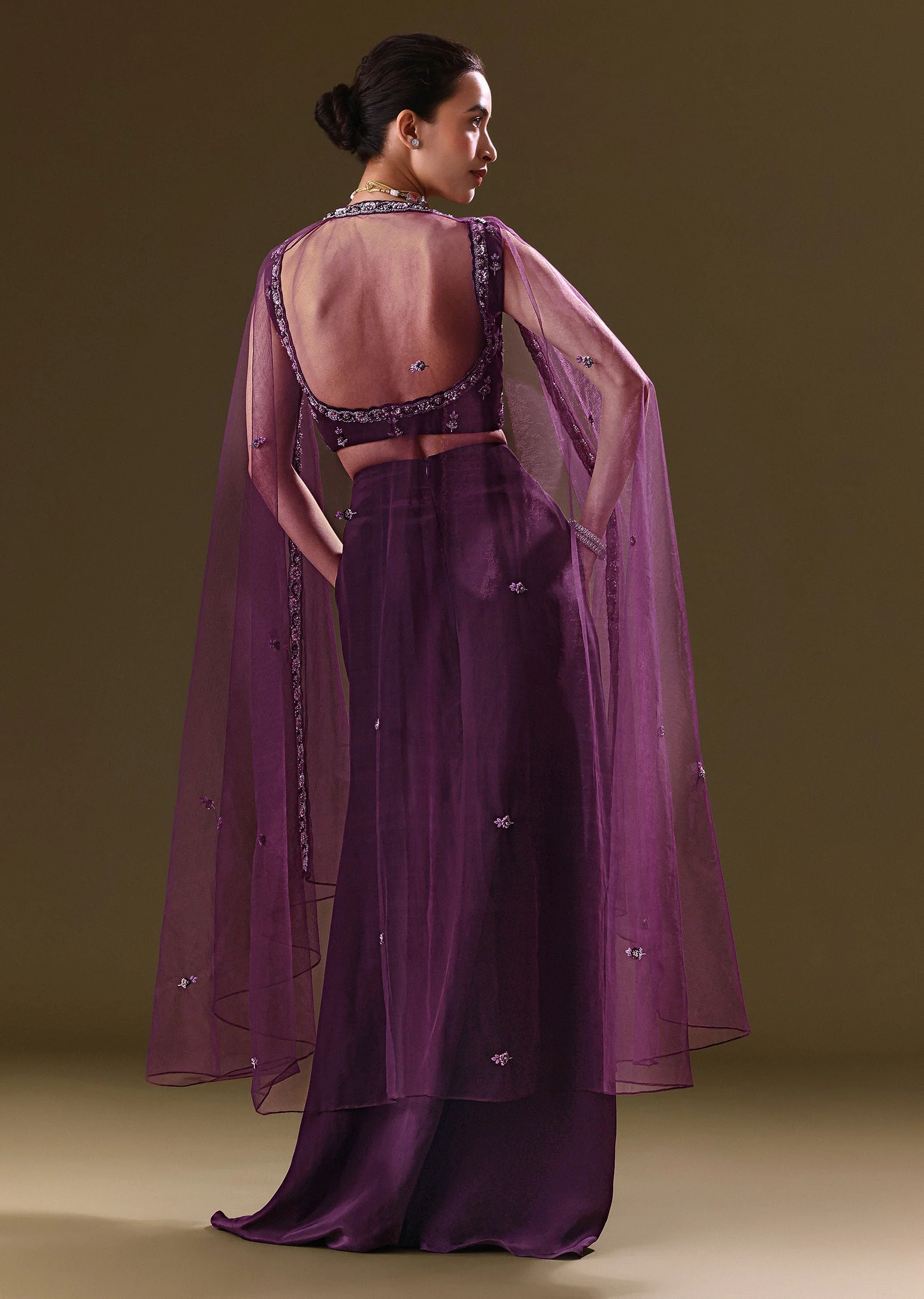 Purple Embroidered Drape Skirt With Embroidered Net Cape - Image 5