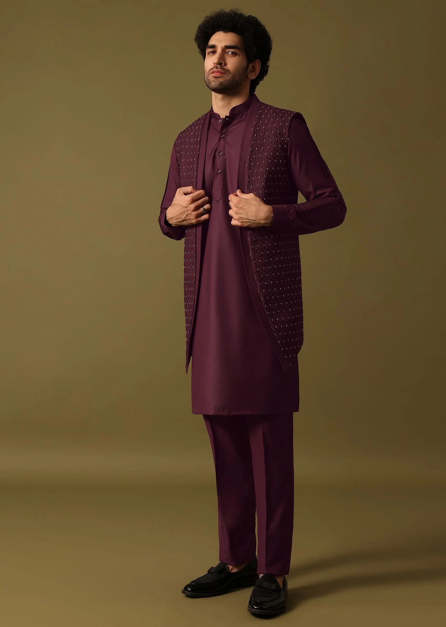 Purple Embroidered Kurta Jacket Set - Image 3