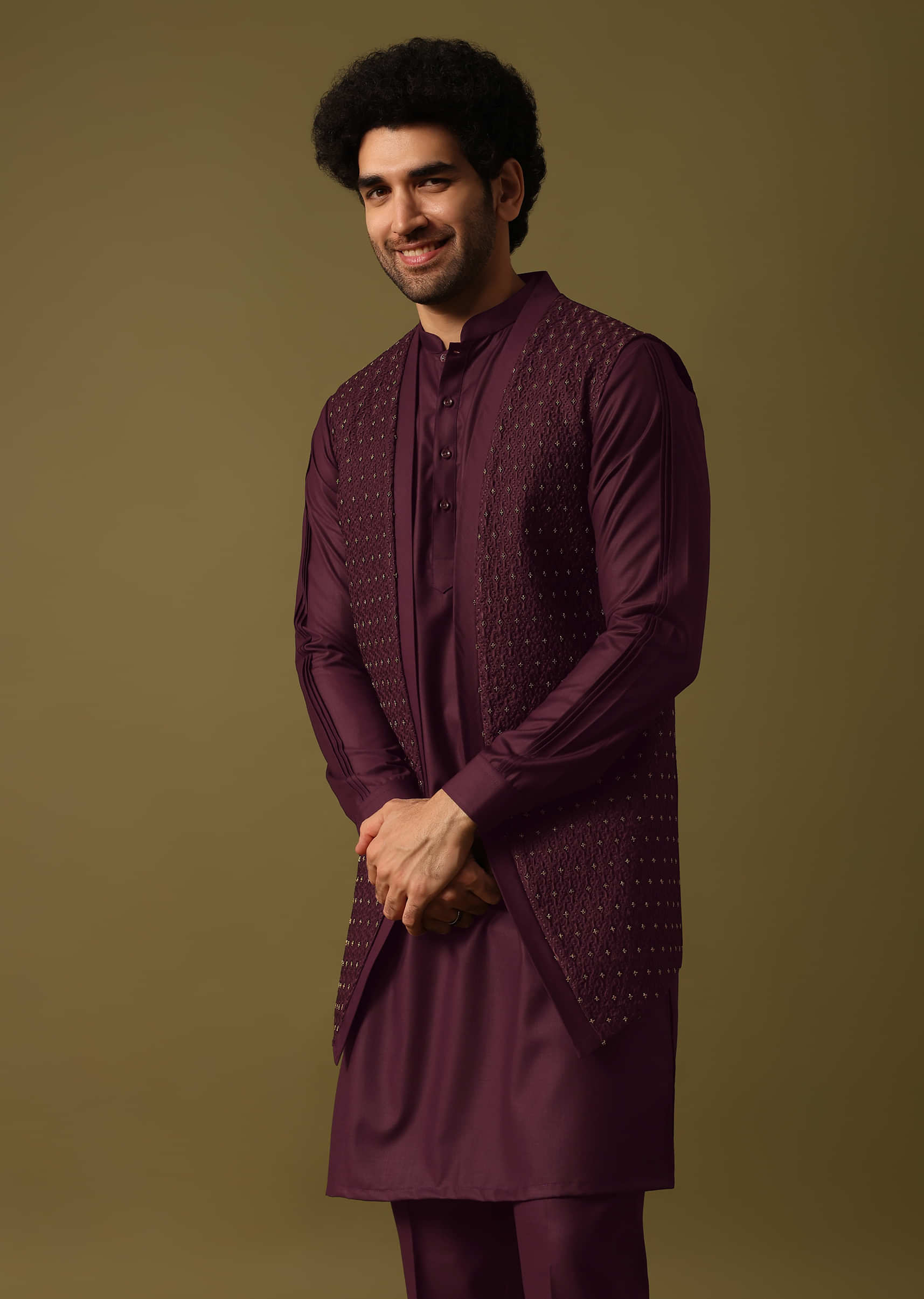 Purple Embroidered Kurta Jacket Set - Image 4