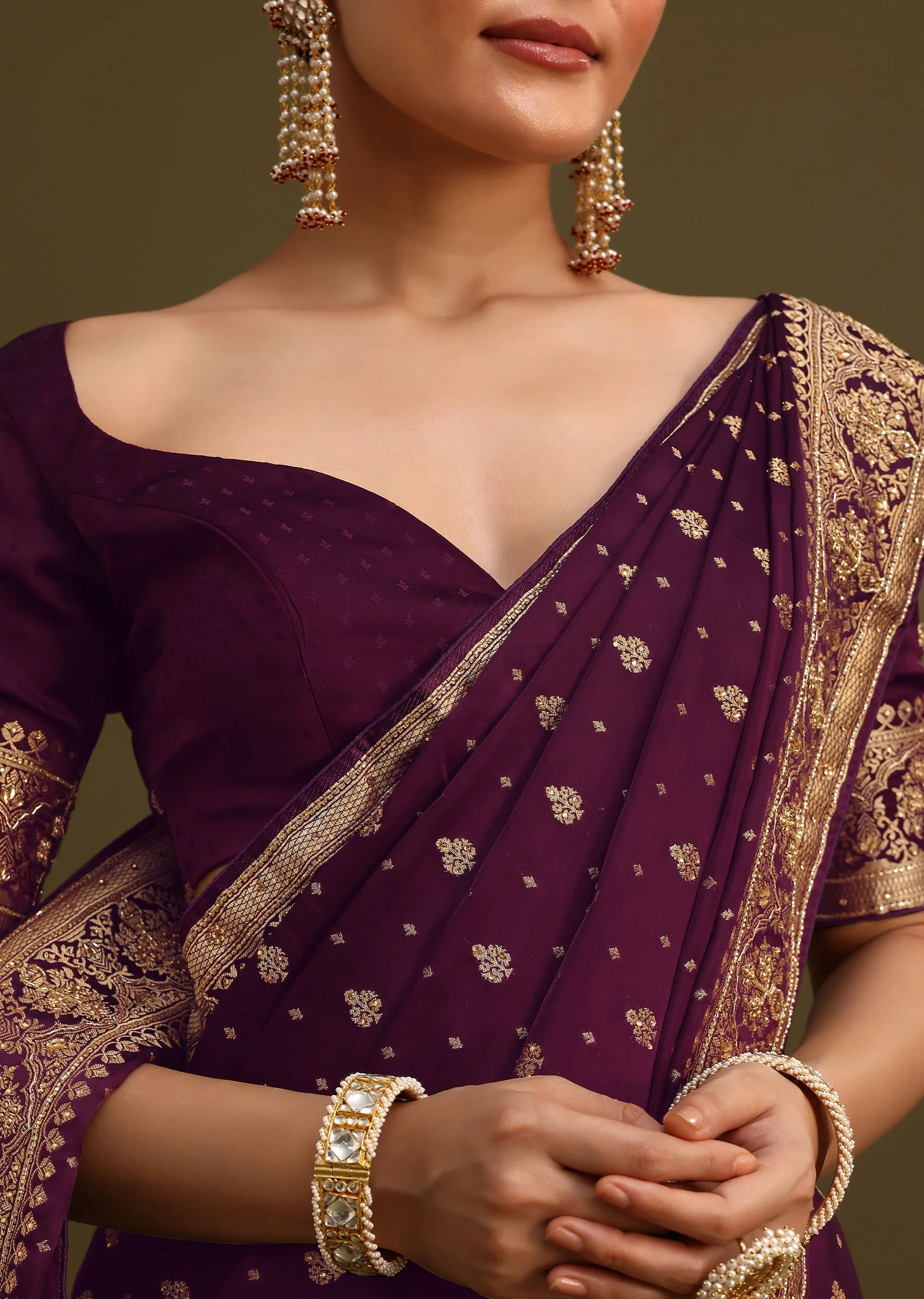 Purple Embroidered Saree With Zardosi Work And Unstitched Blouse - Image 5