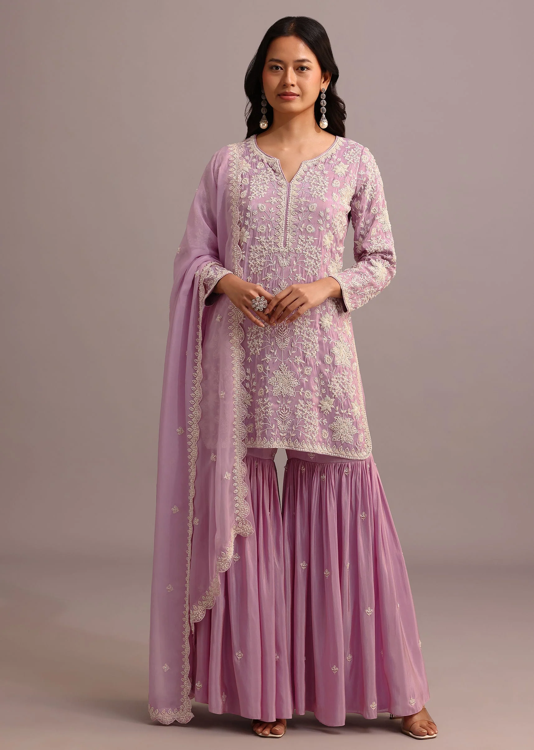 Purple Embroidered Sharara Set With Butti Work On Organza Dupatta