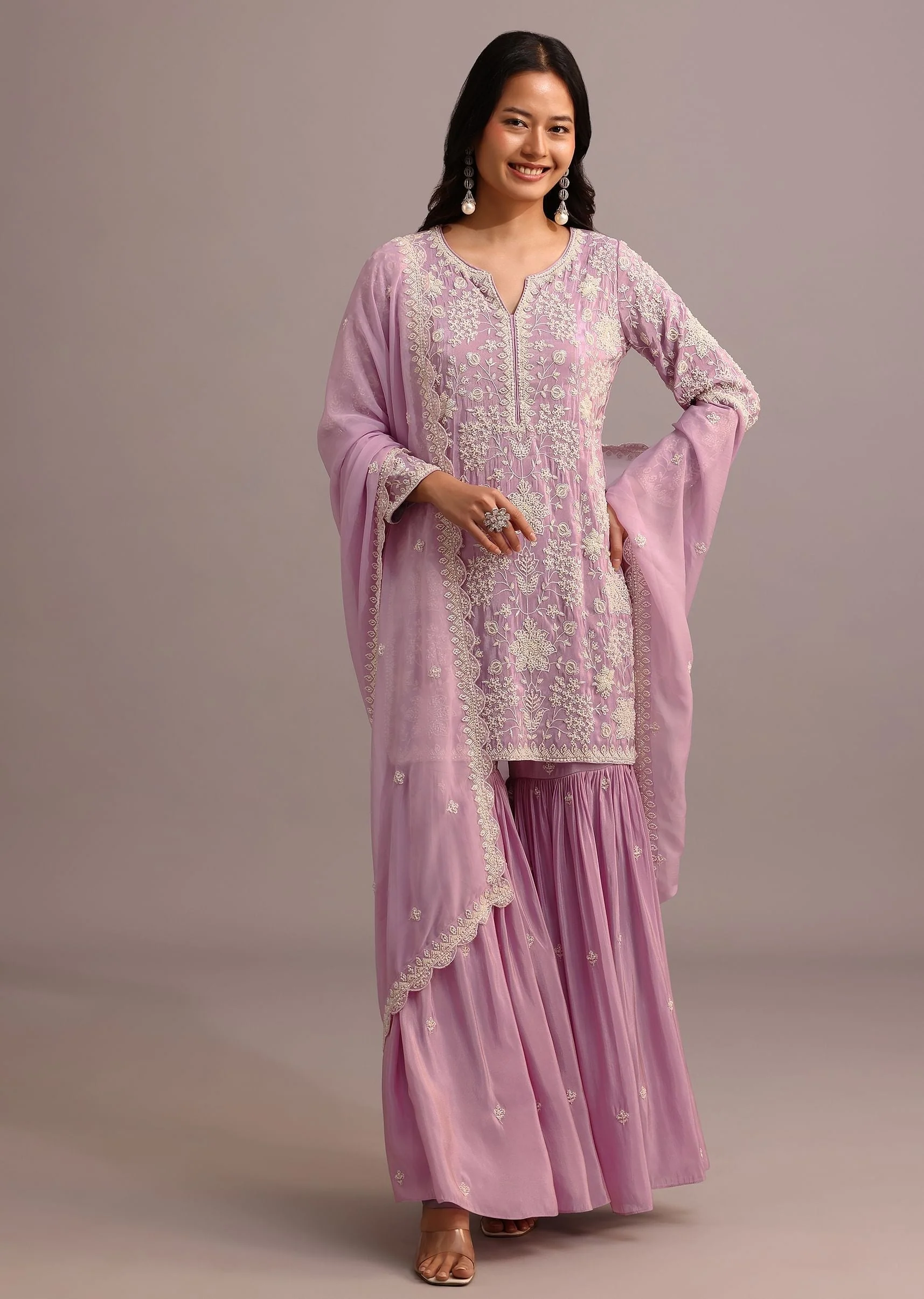 Purple Embroidered Sharara Set With Butti Work On Organza Dupatta - Image 3