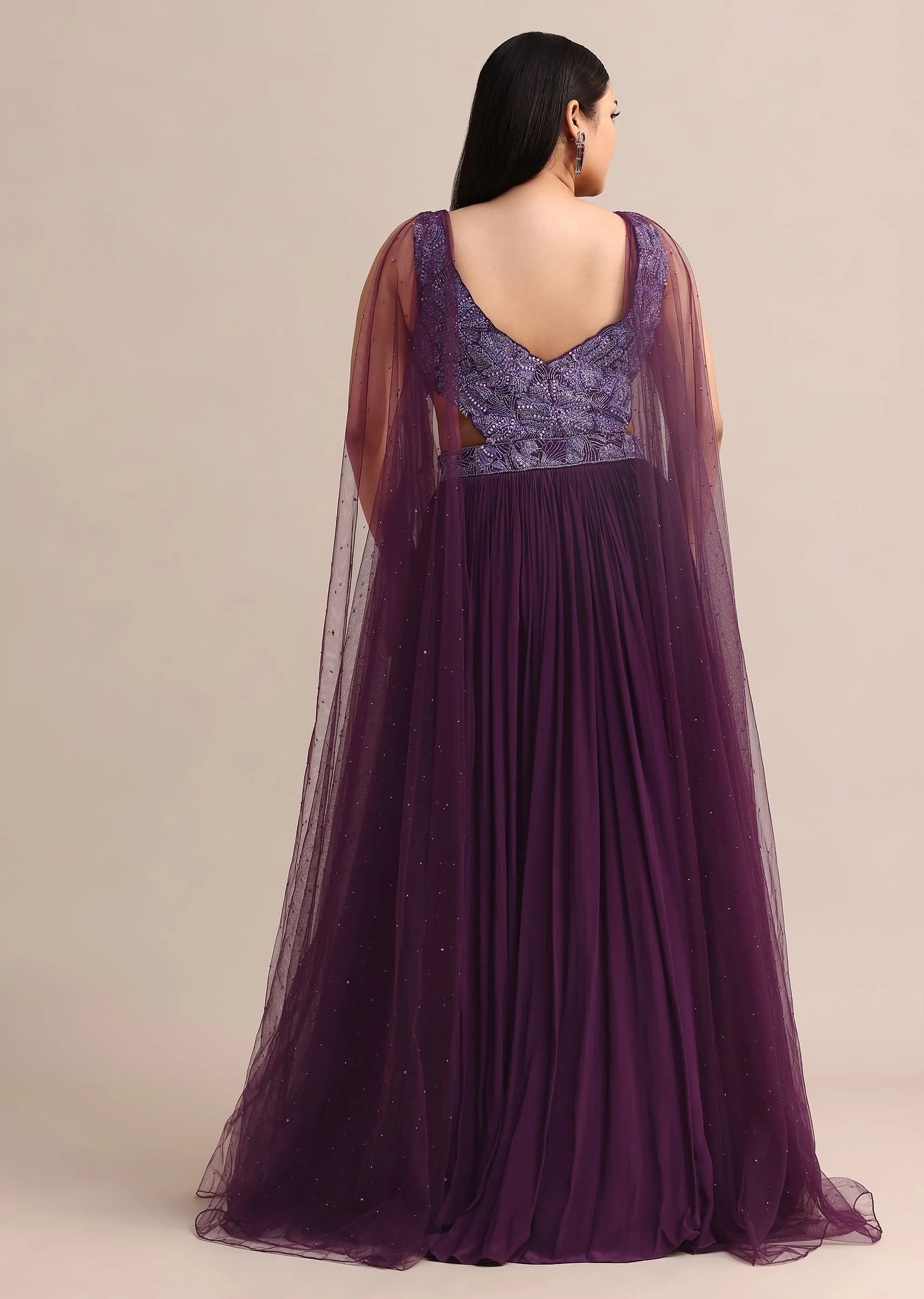 Purple Embroidered V Neck Gown With Side Cut - Image 5