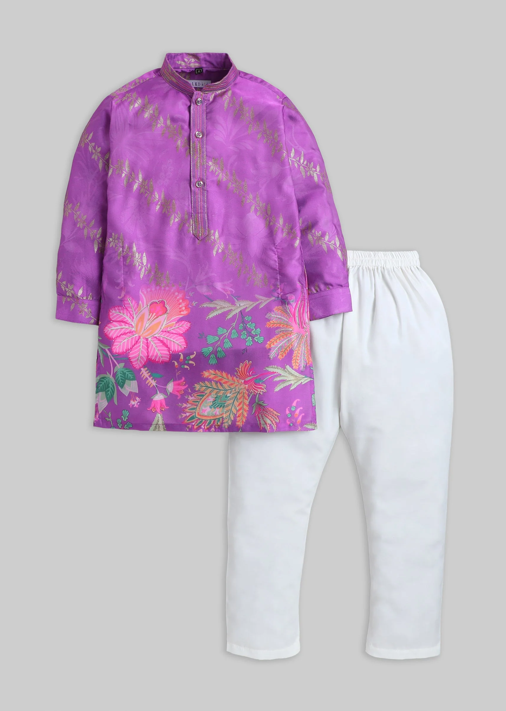 Purple Floral Printed Kurta Set For Boys