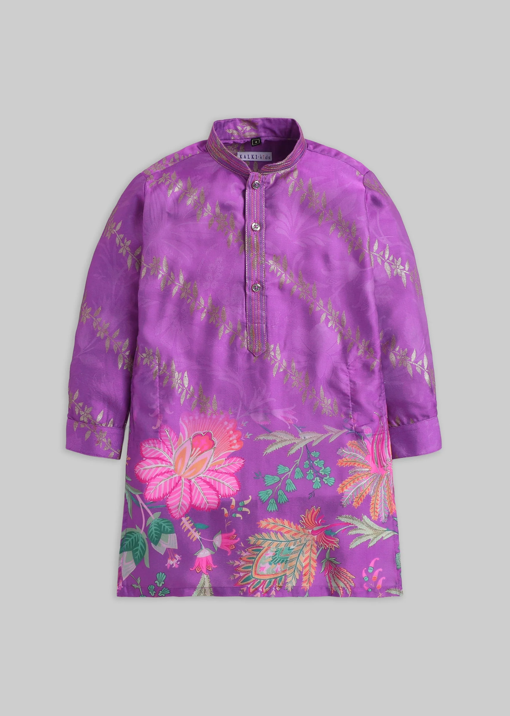 Purple Floral Printed Kurta Set For Boys - Image 2