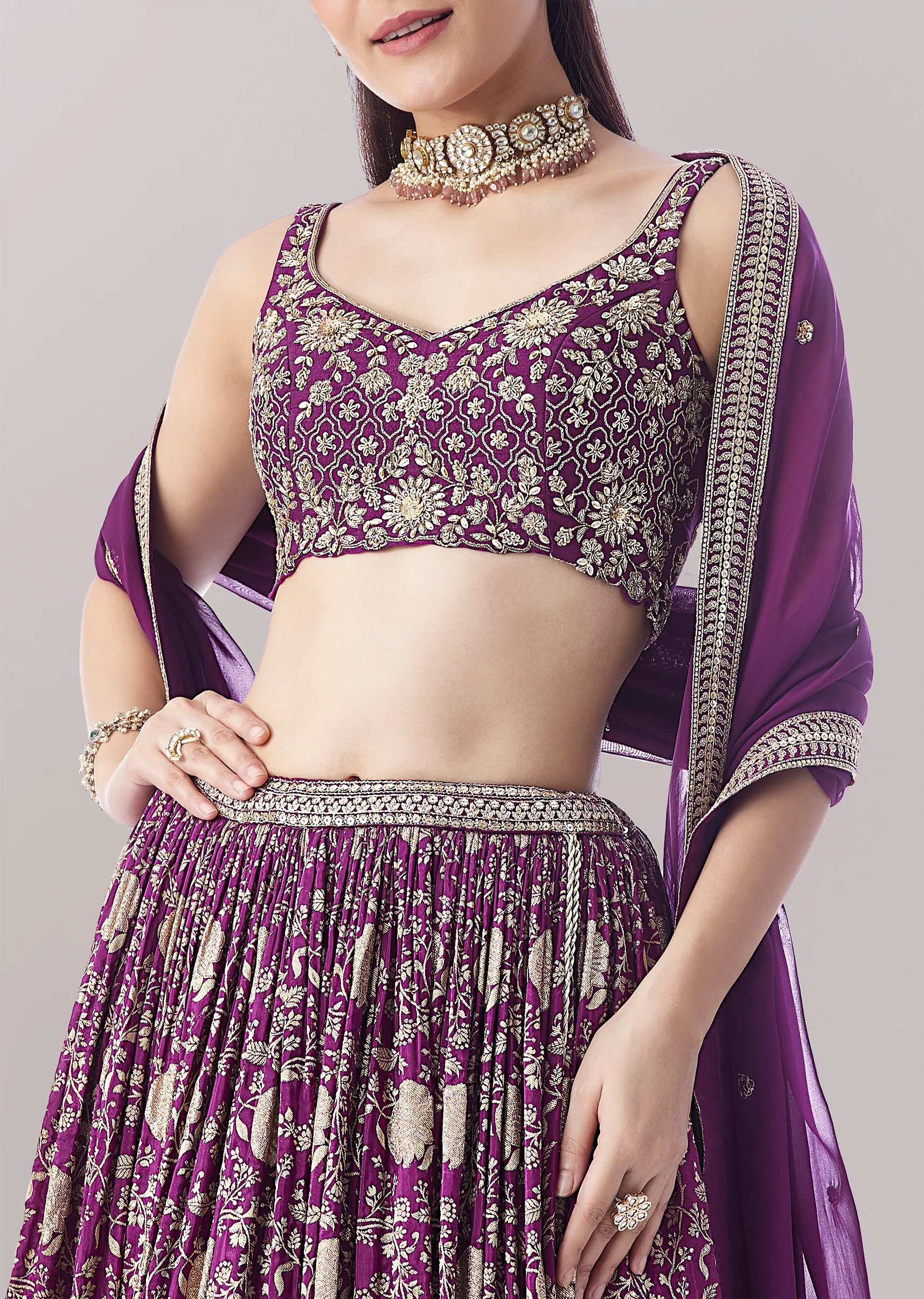 Purple Floral Printed Lehenga With Zari Work - Image 3