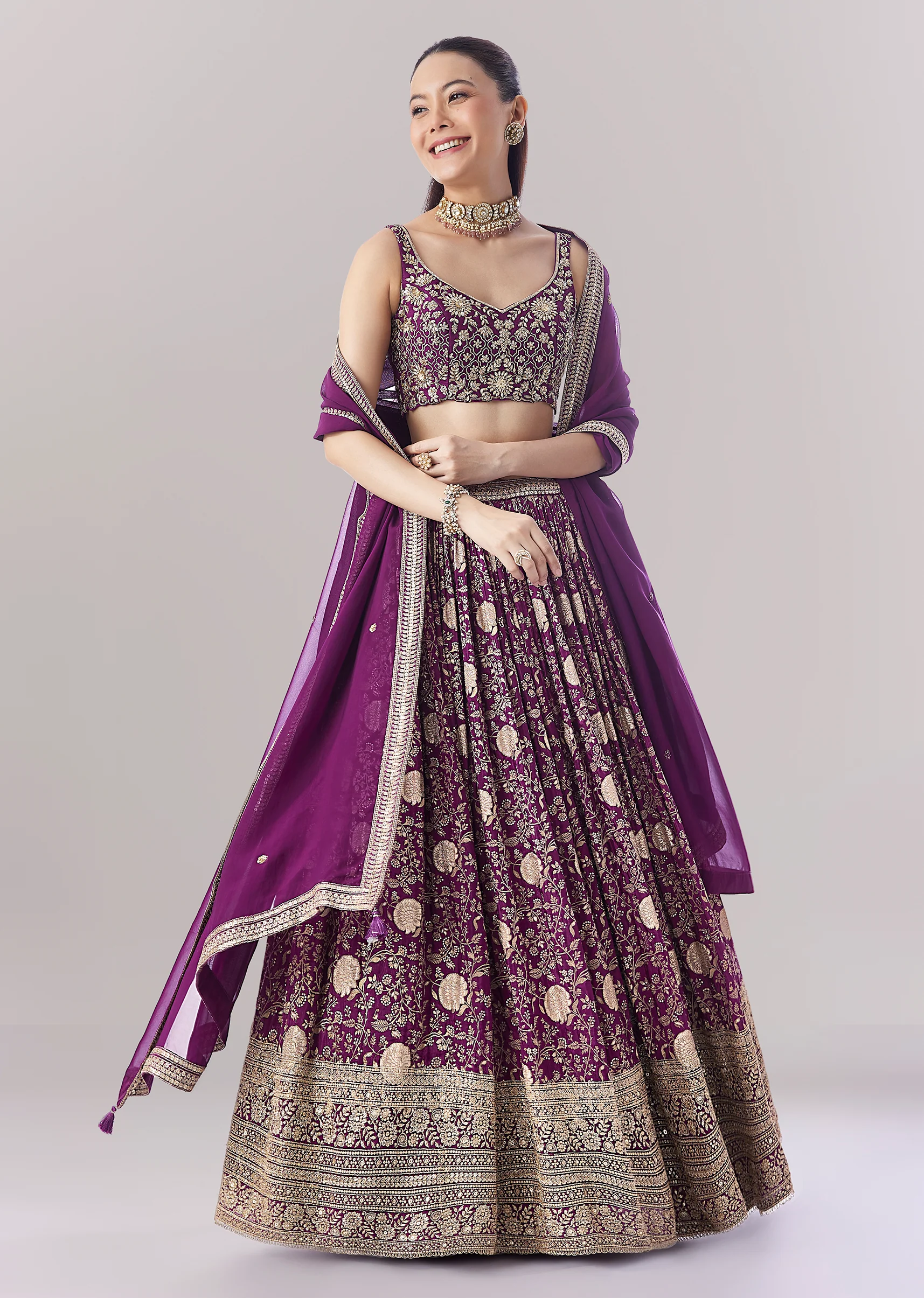 Purple Floral Printed Lehenga With Zari Work - Image 4
