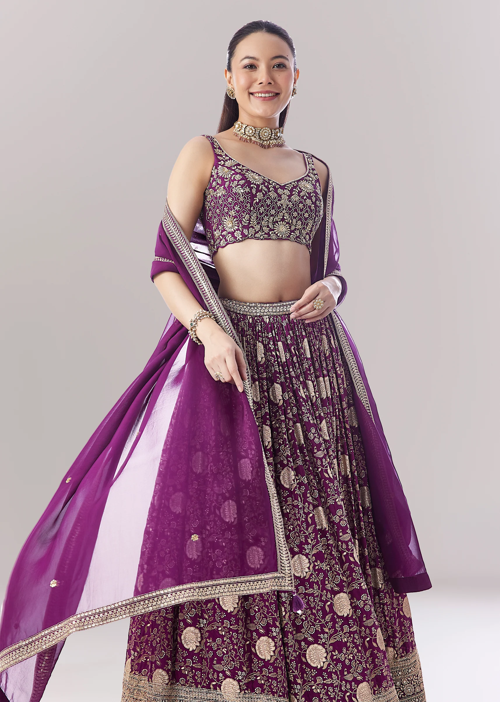 Purple Floral Printed Lehenga With Zari Work - Image 6
