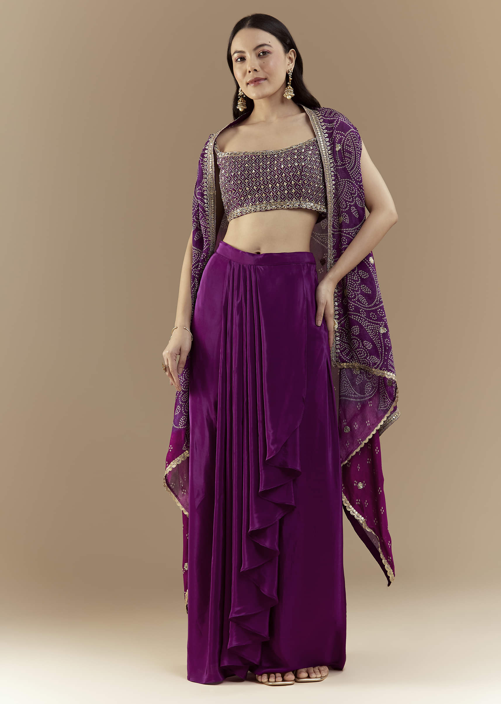 Purple Fusion Crop Top Skirt Set with Bandhani Cape - Image 3