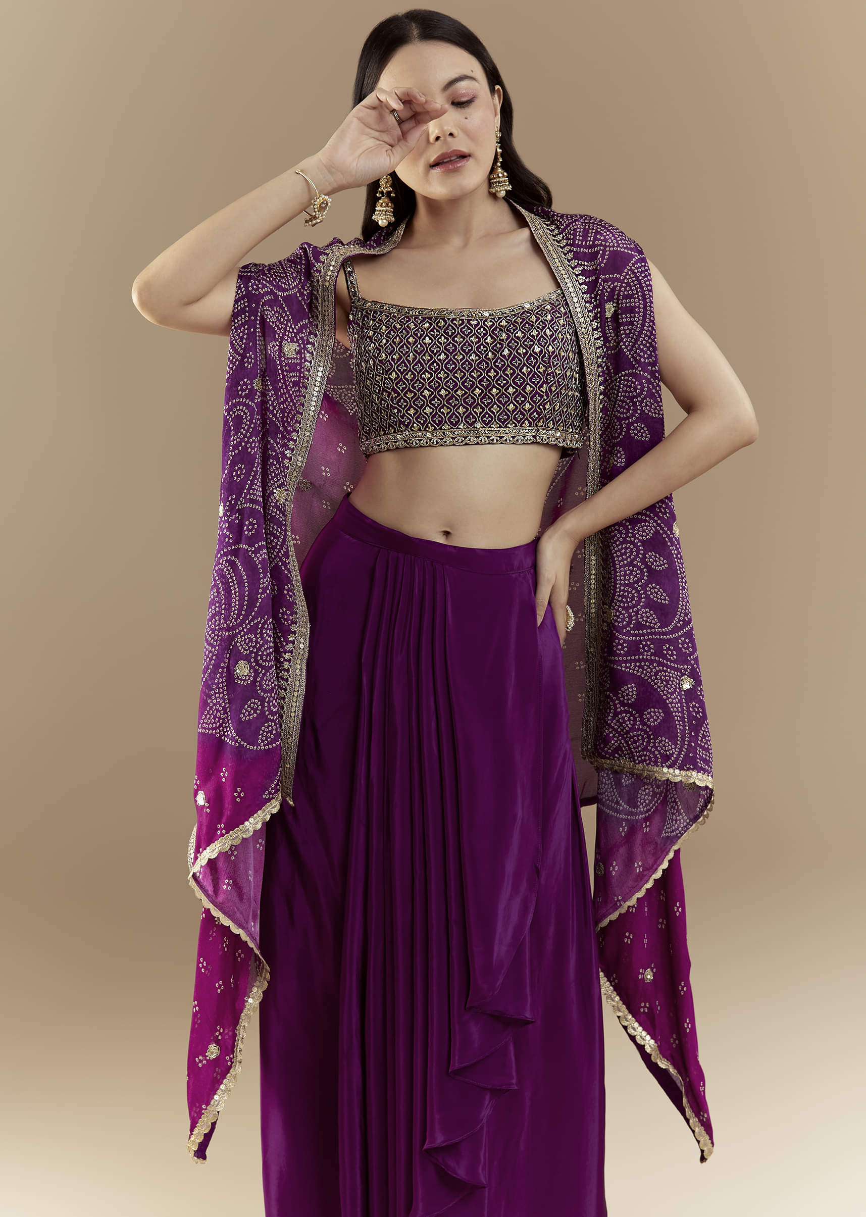 Purple Fusion Crop Top Skirt Set with Bandhani Cape - Image 4
