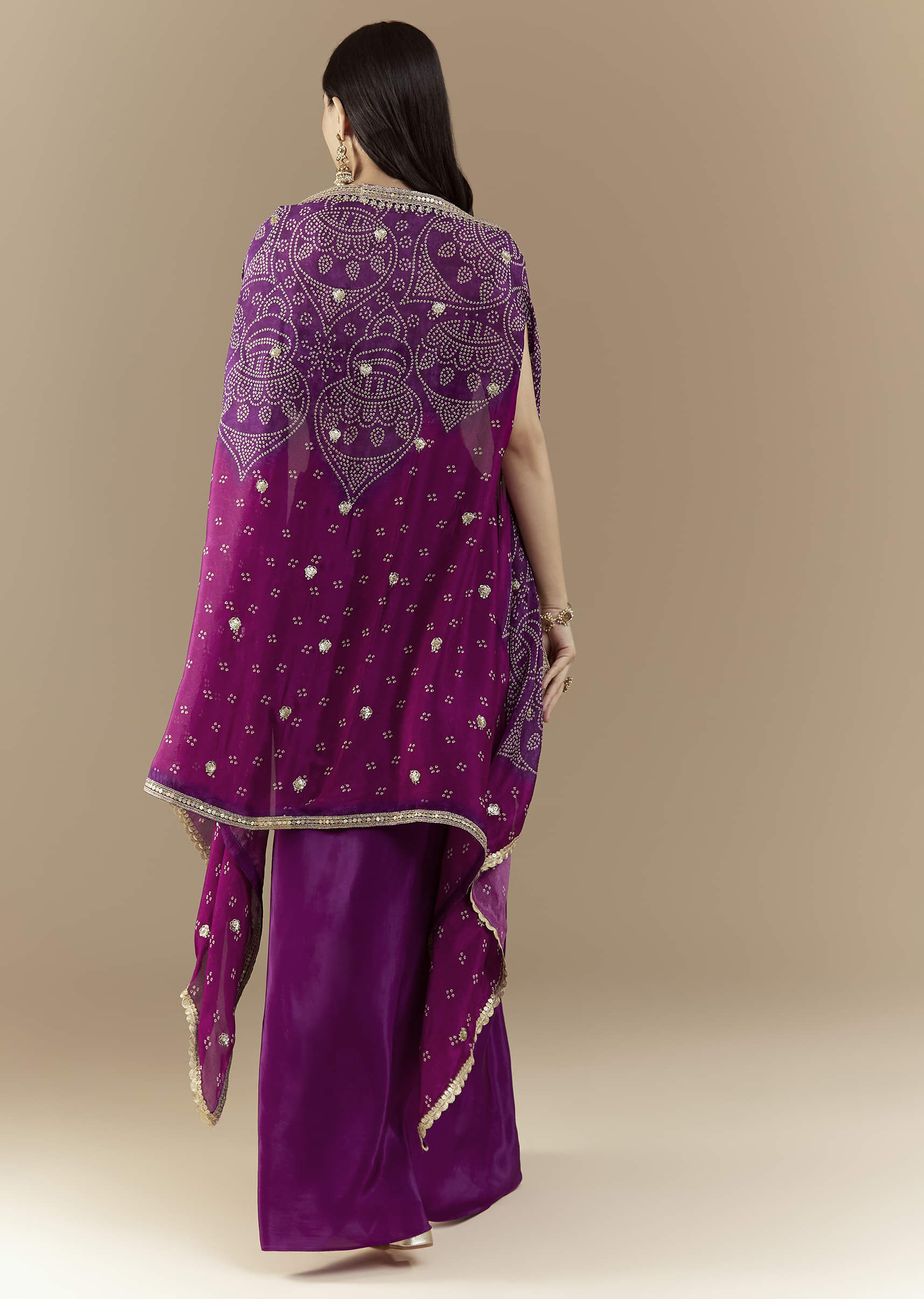 Purple Fusion Crop Top Skirt Set with Bandhani Cape - Image 5