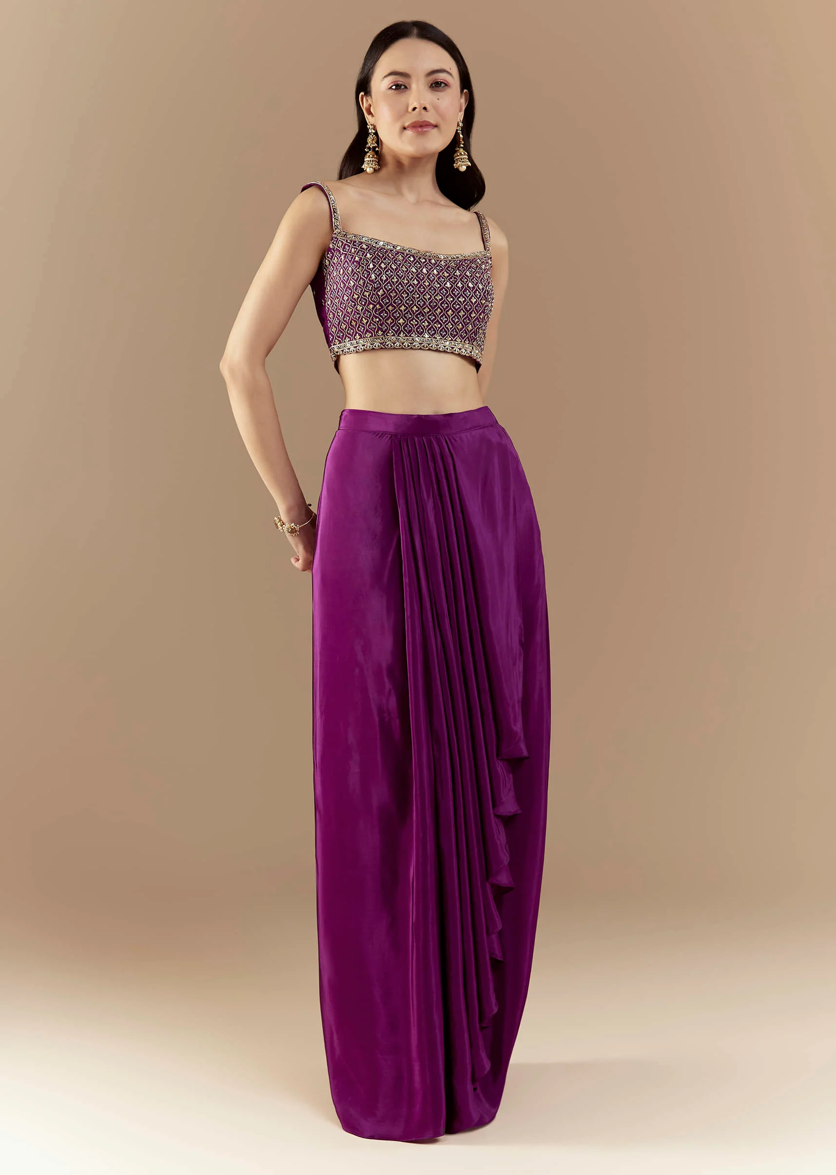 Purple Fusion Crop Top Skirt Set with Bandhani Cape - Image 6