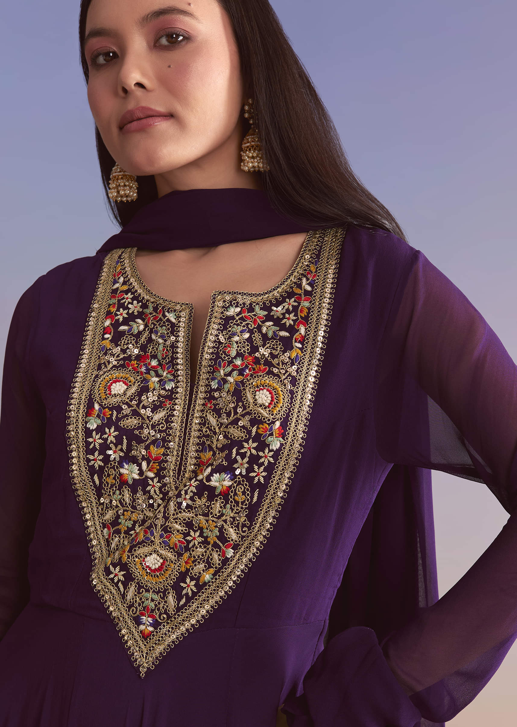 Purple Georgette Anarkali Suit With Sequins And Resham Embroidery - Image 2