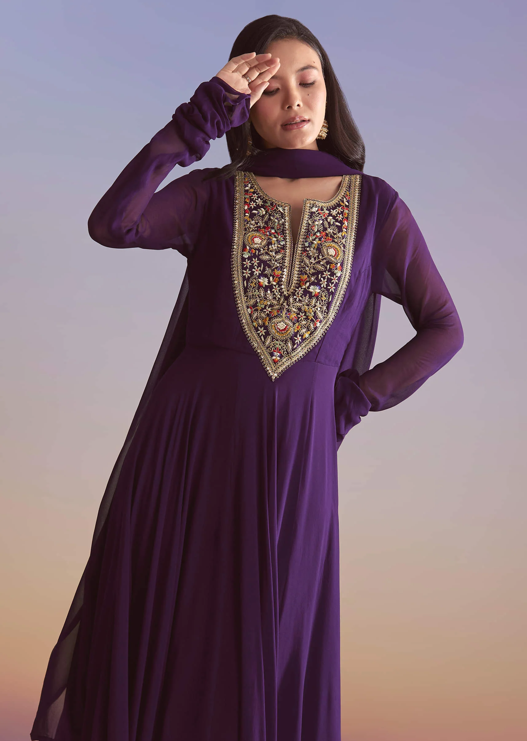 Purple Georgette Anarkali Suit With Sequins And Resham Embroidery - Image 4
