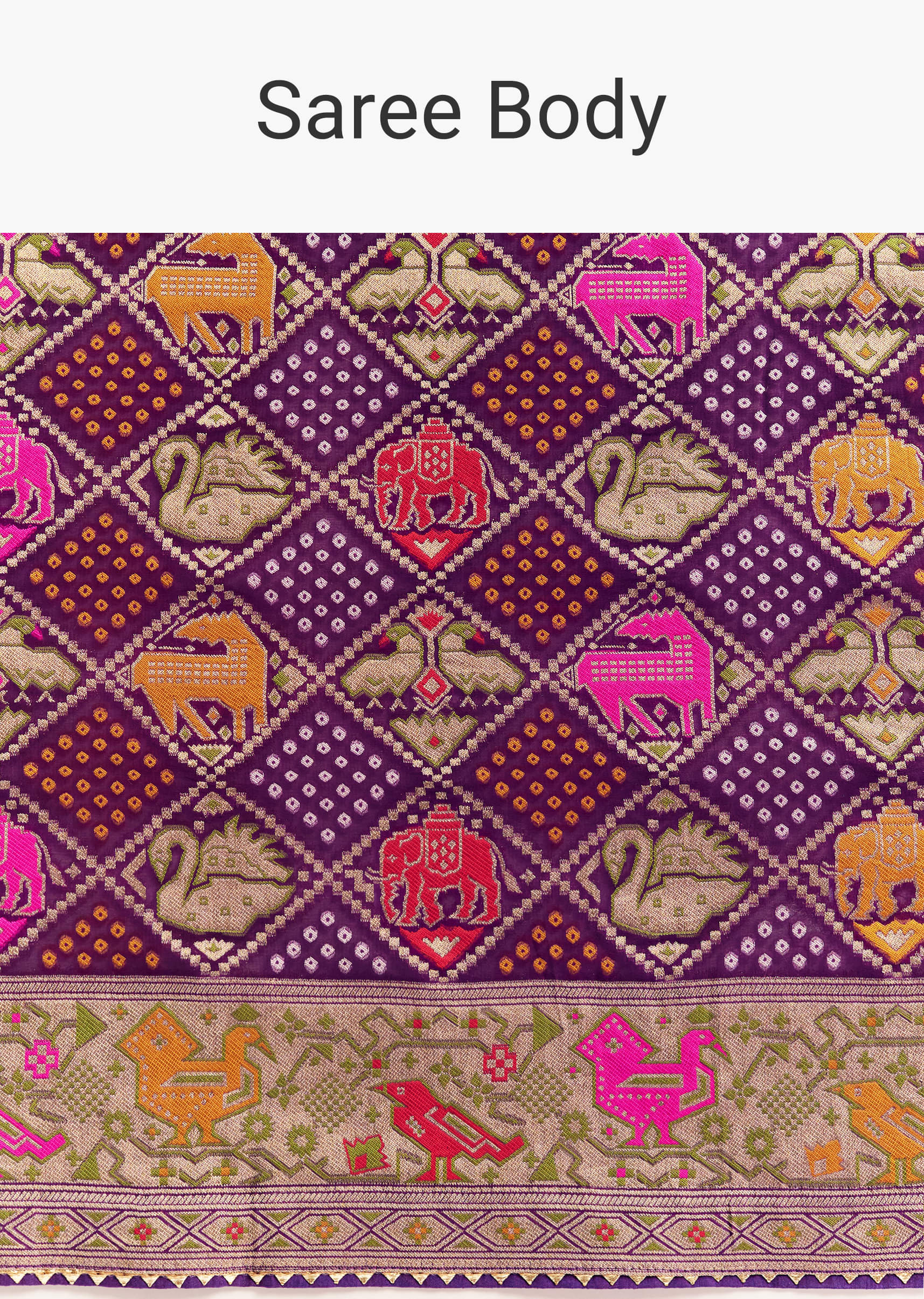 Purple Georgette Bandhani Saree With Animal Motifs And Gota Border - Image 9