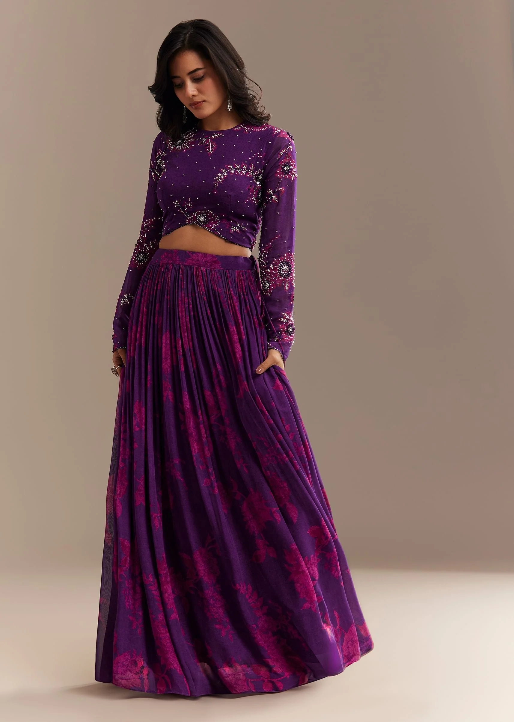 Purple Georgette Floral Printed Lehenga Set - Image 3