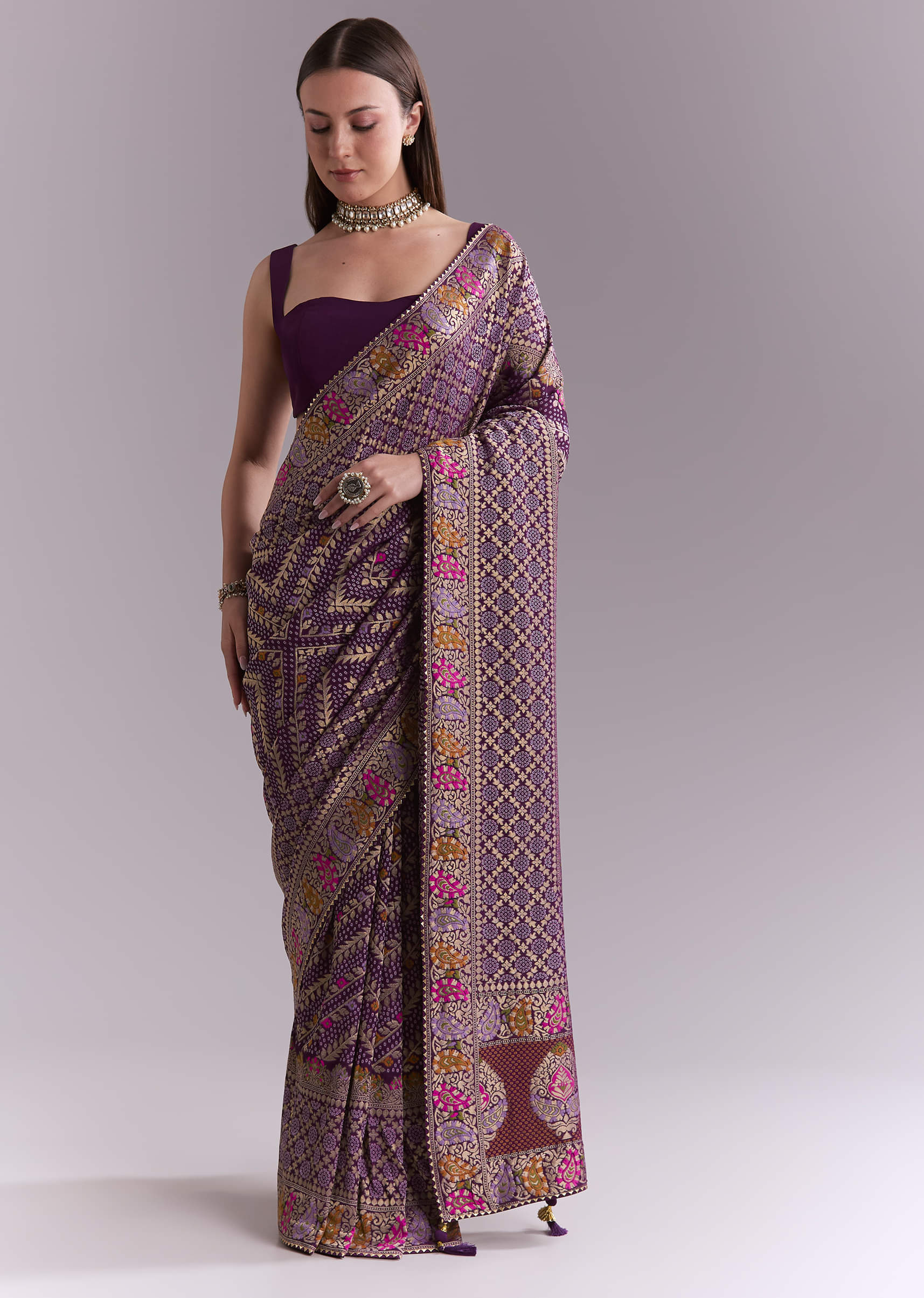 Purple Georgette Saree With Heavy Zari Work And Brocade Border - Image 11