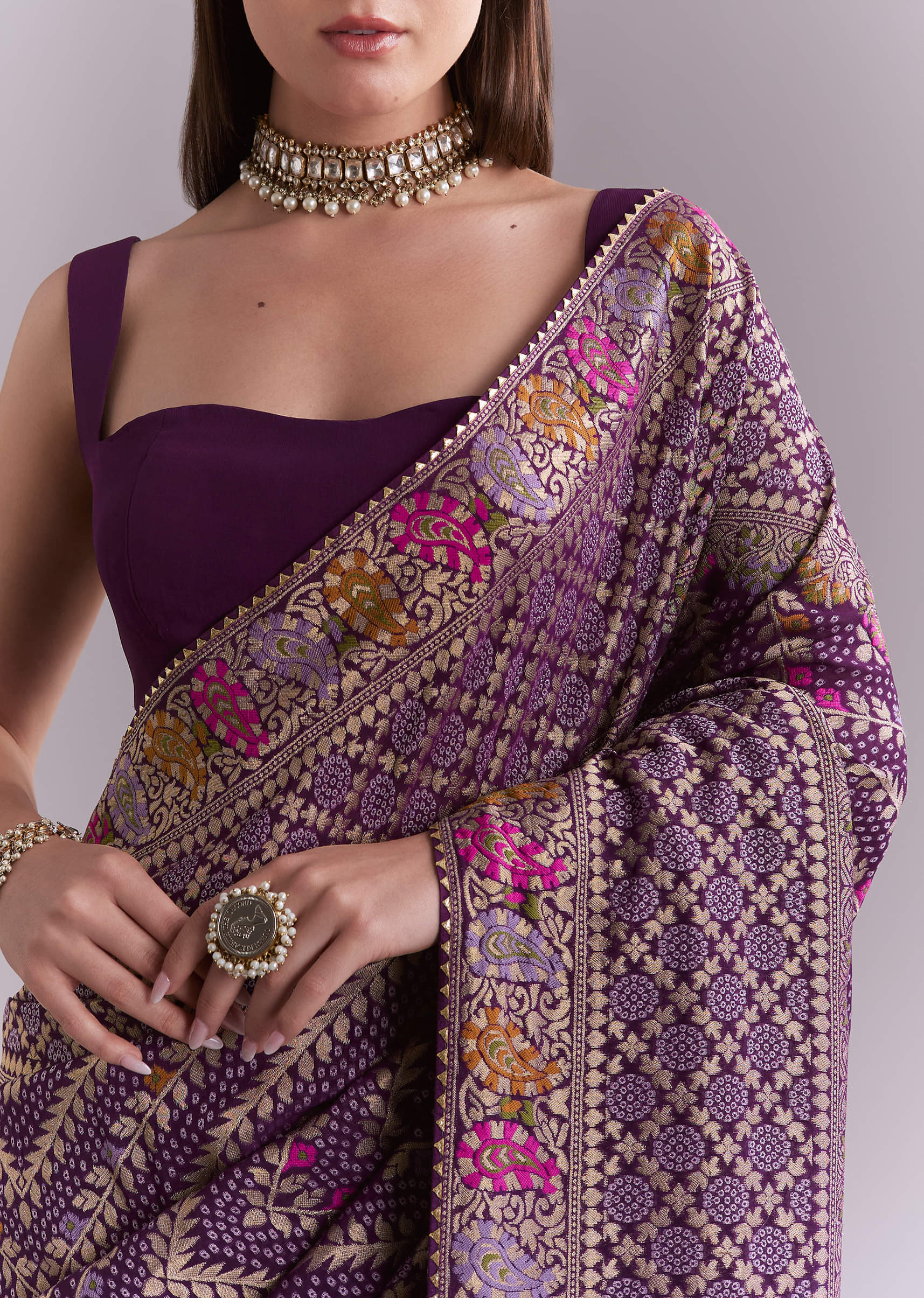 Purple Georgette Saree With Heavy Zari Work And Brocade Border - Image 2