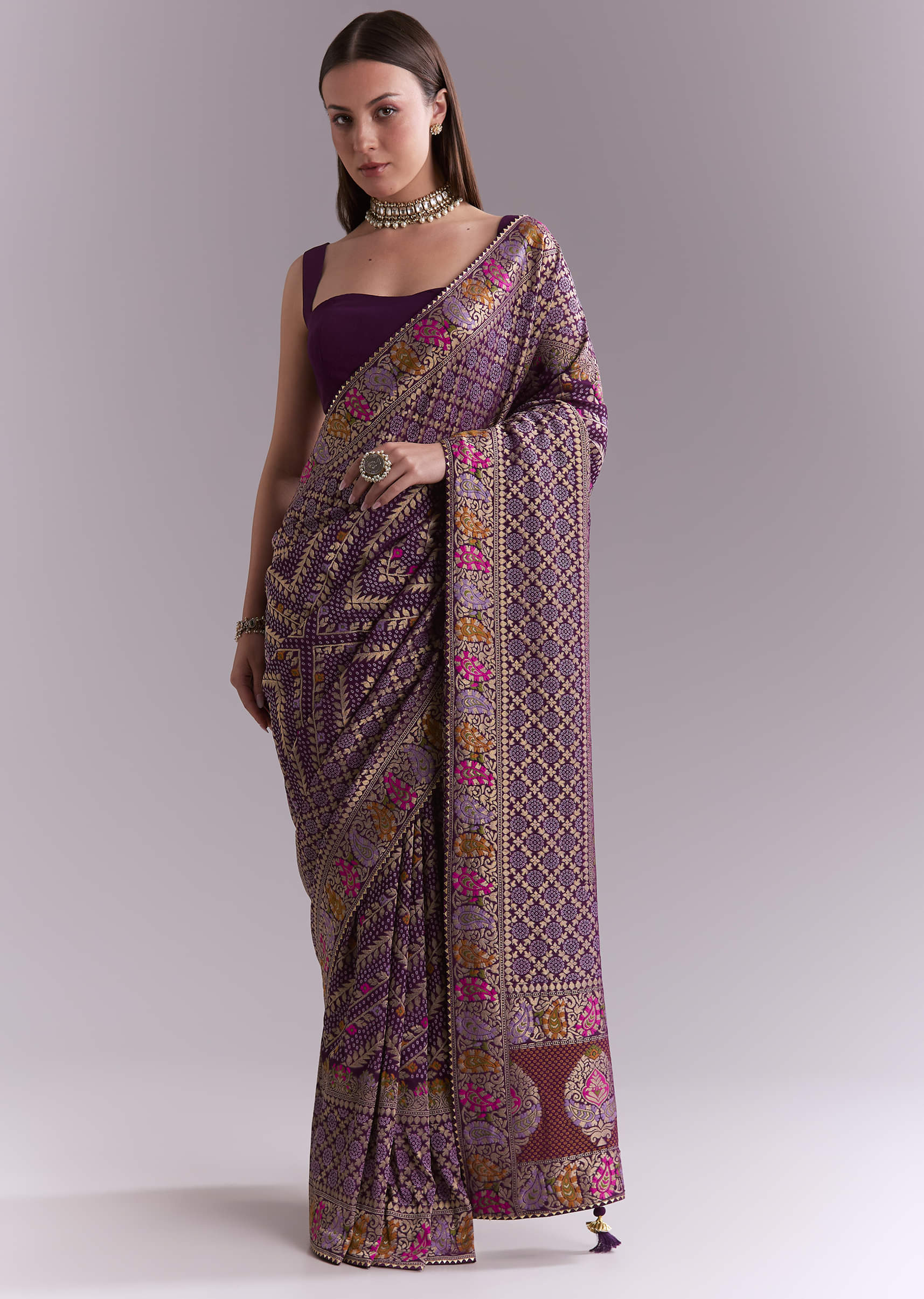 Purple Georgette Saree With Heavy Zari Work And Brocade Border - Image 3